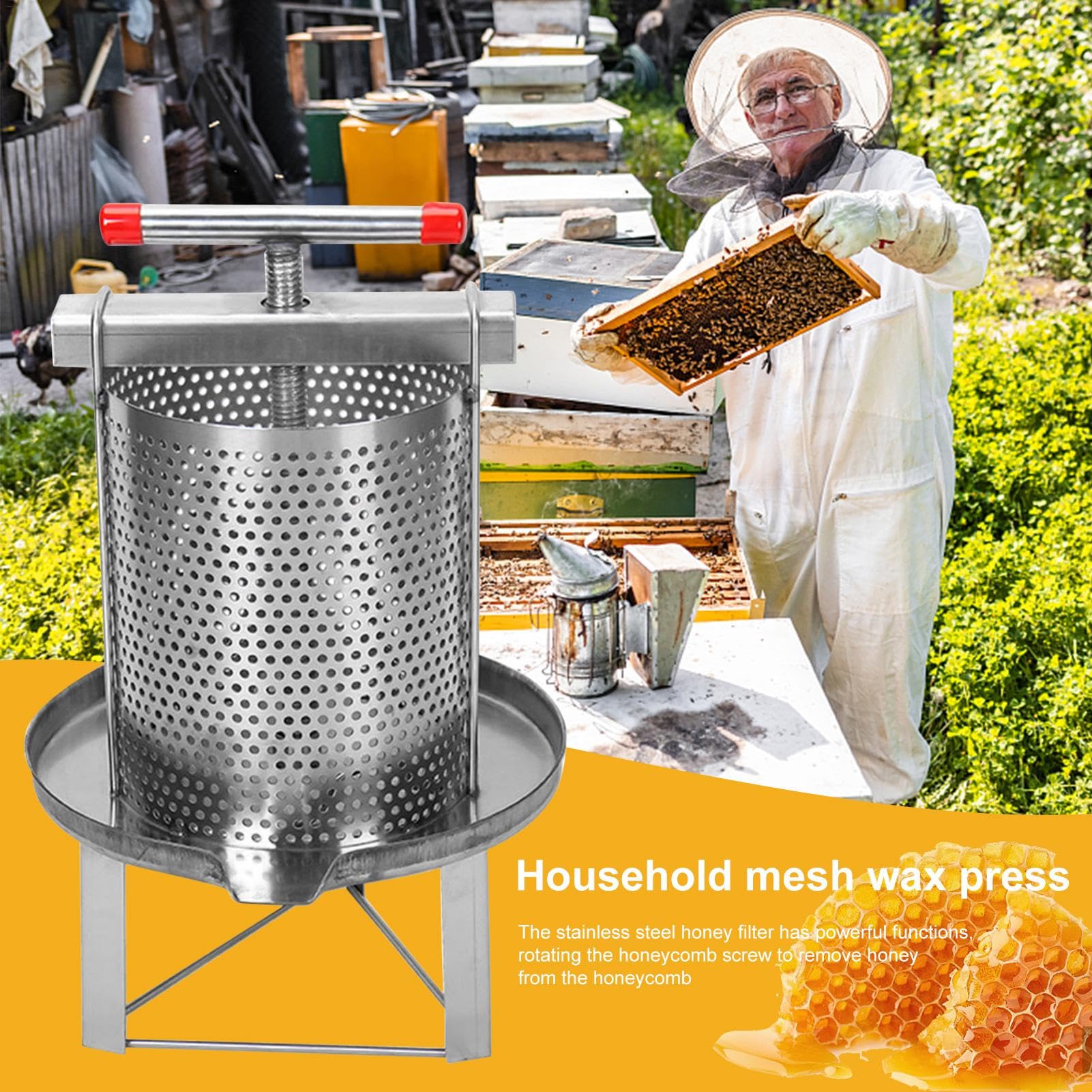 Honigpresse, Edelstahl Honigpresser, 10L Manuelle Honigschleuder Mit 3 Honigfiltern, Bienenwachs-Extraktor, Haushaltshandbuch Honigpresse Wachspresse Bienenzucht Werkzeug Für Honig, , Öldruckentwä