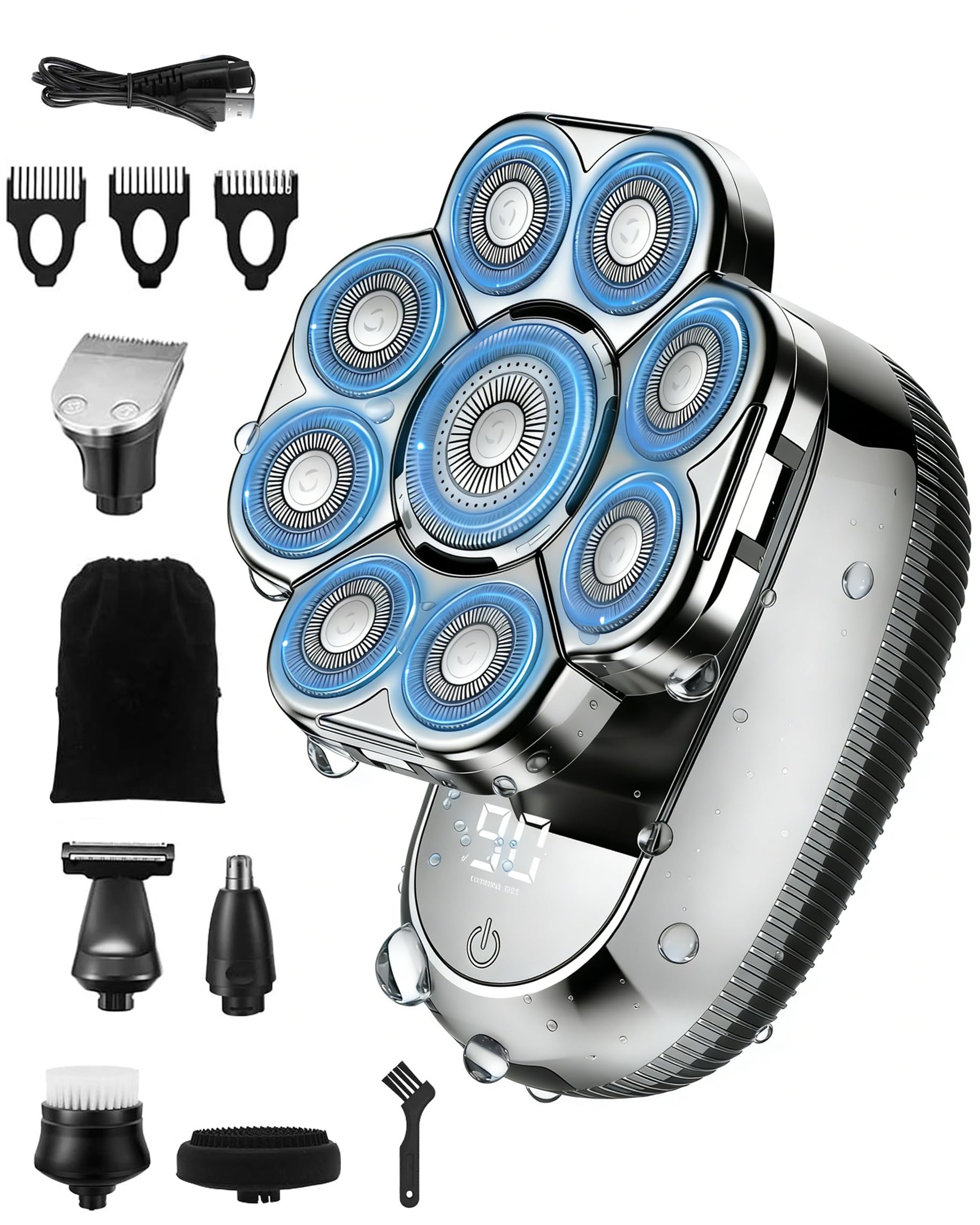 Upgraded Head Shavers for Men, Wet & Dry Electric 9D Rotary Shavers, Rechargeable Cordless Hair Trimmer with LED Display, 6 in 1 Kit, IPX7 Waterproof, Storage Bag, USB Charging-image-26
