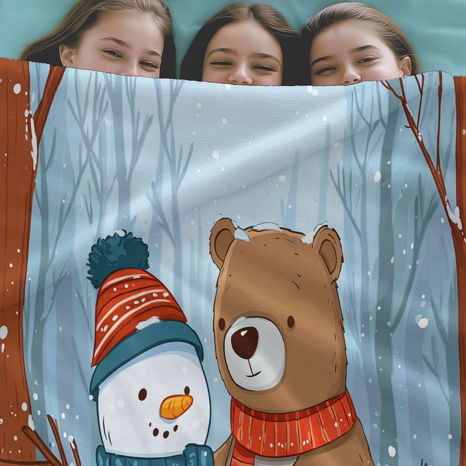 Puszysty koc polarowy na zimę, bałwanki i niedźwiedzie, 180 x 220 cm, miękki, ciepły, na sofę, koc polarowy, przytulny flanelowy koc na łóżko, dla dorosłych, dzieci i niemowląt, pomysł na prezent