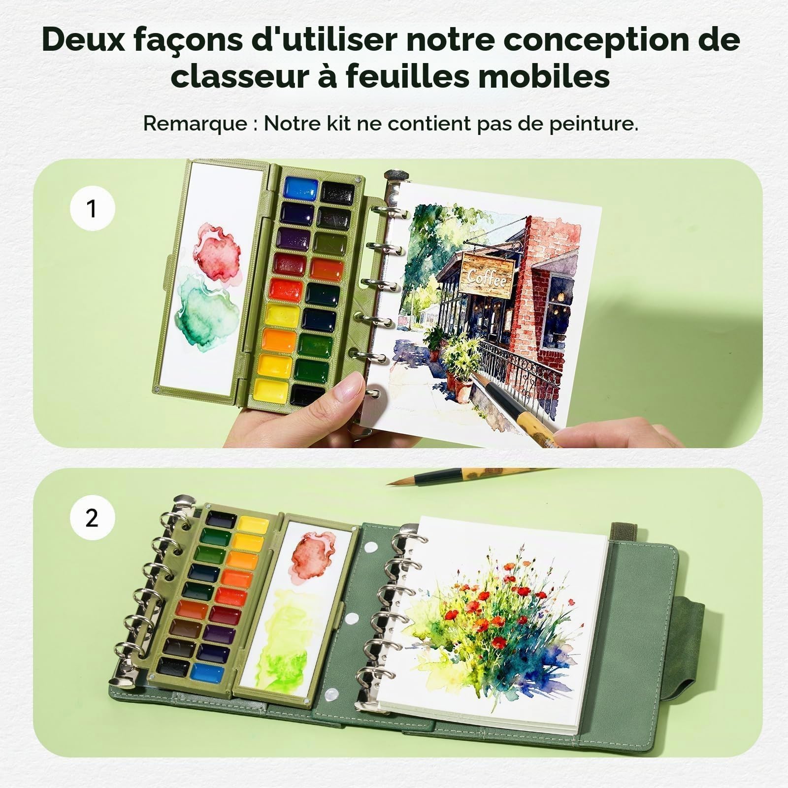 Carnet de Croquis Aquarelle Portable - Coffret de Voyage avec Papier Coton, Palette Céramique 18 Godets & Pinceaux | Journal (13x11 cm) pour Peinture en Extérieur, Plein Air et Artistes Itinérants