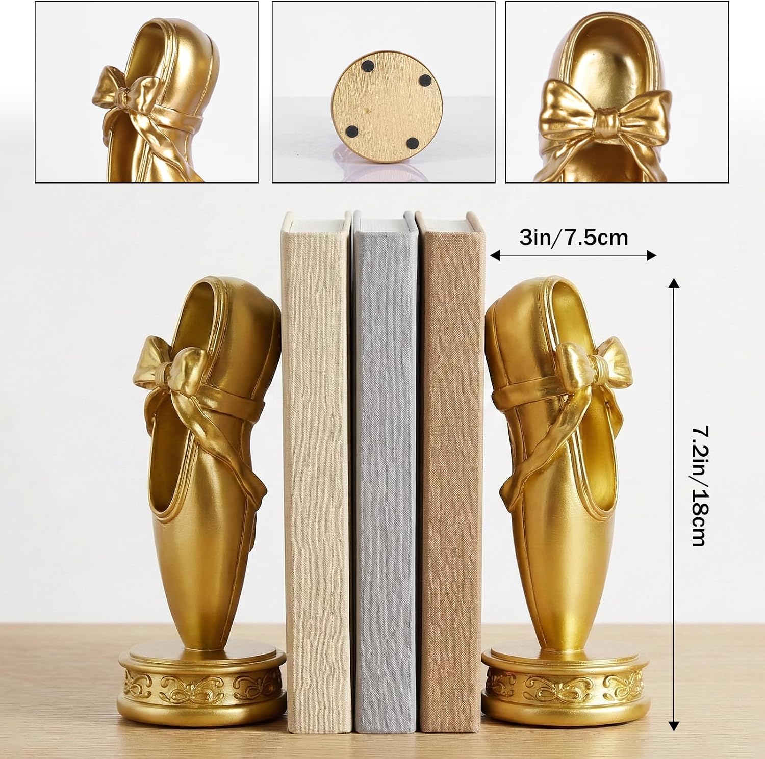 Bookends for Shelves - Gold Ballet Slipper Decorative Bookends Set, Resin Book Ends with Anti-Slip Pad, Heavy Book Holder for Book Lovers Dancers, Desktop Shelf Decor for Library Office