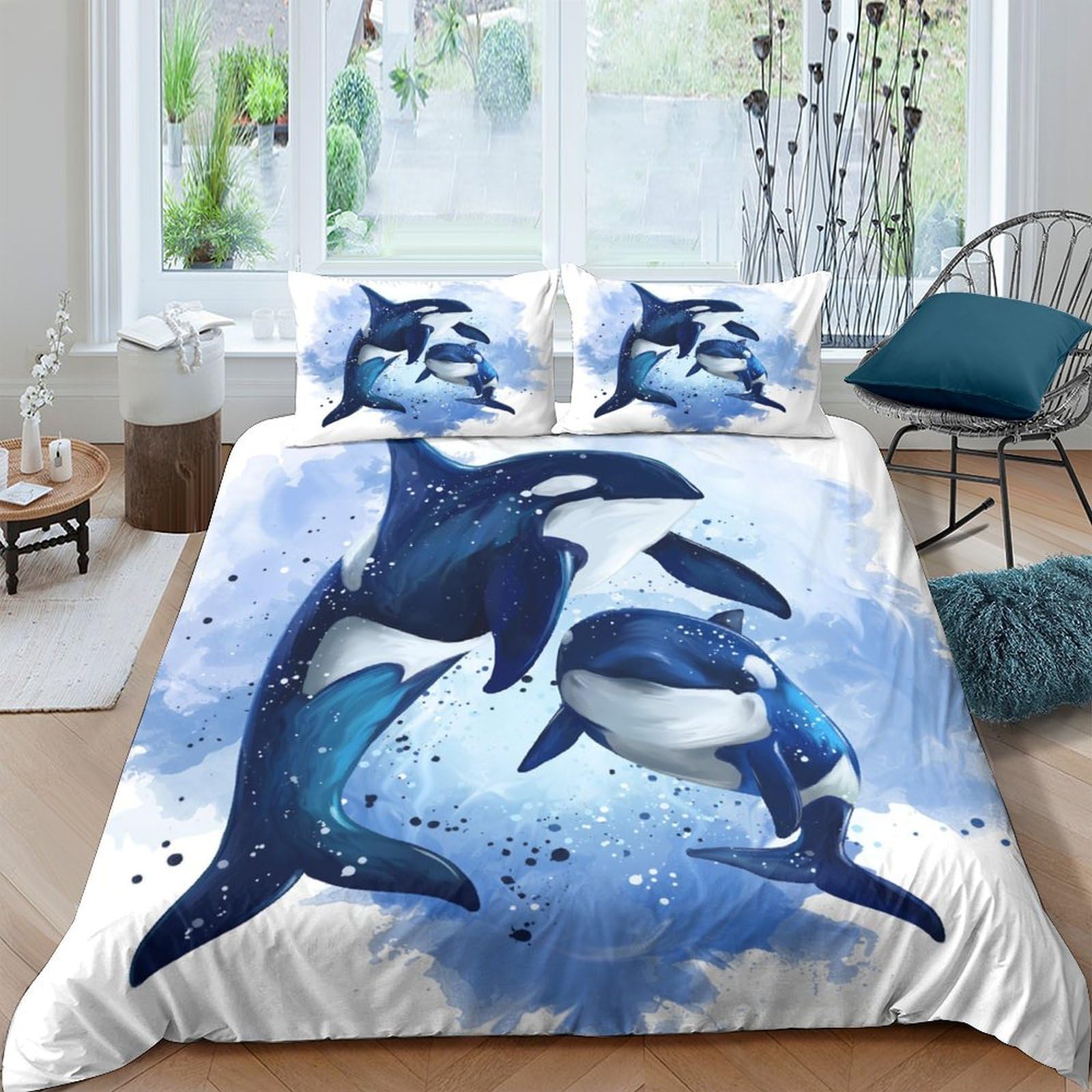 Ctjqhvkz Style-2 3D Printed Ocean Dolphin Fitted Sheet Microfiber Soft Blue Sea Whale Bed Cover For Bedroom Dorm House Decor Single（135X200cm）
