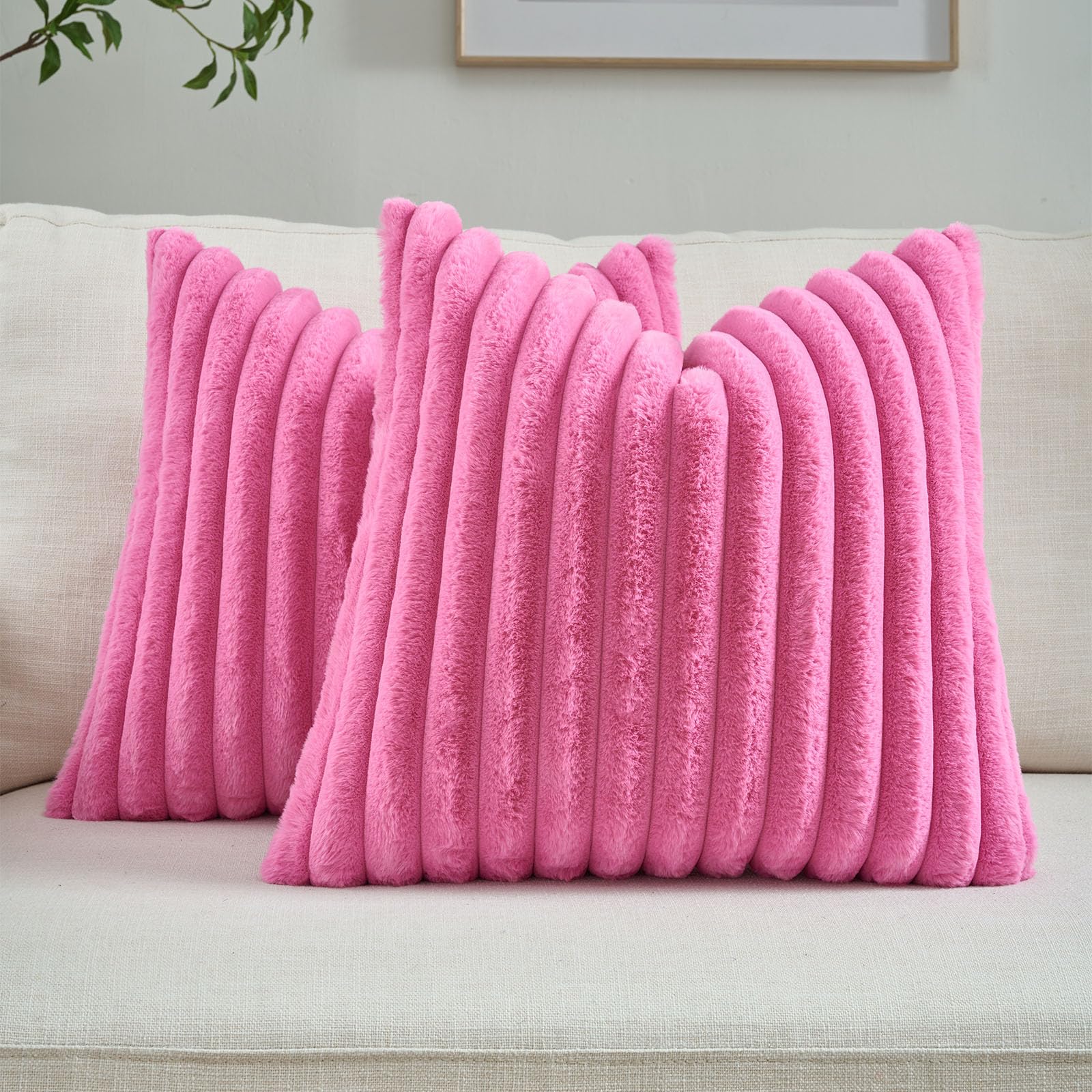 FUTEI Valentine's Day Hot Pink Throw Pillow Covers Set of 2, 18x18 Inch Soft Faux Rabbit Fur Striped Texture Cushion Cases, Modern Decorative Couch Pillows for Living Room Bed