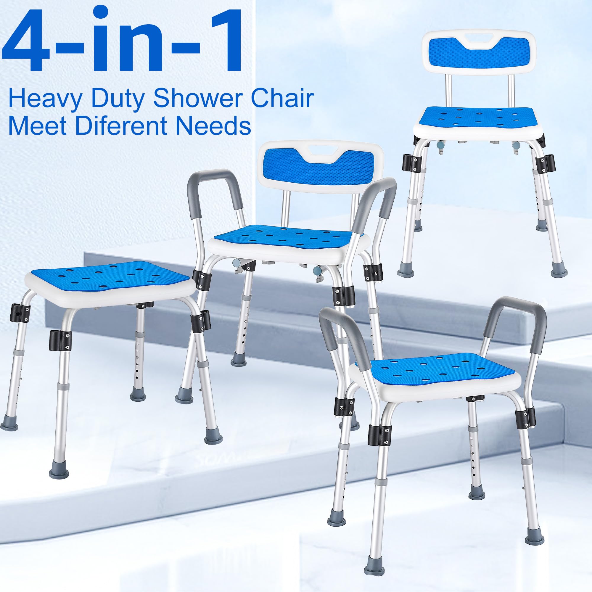 Sedia per Doccia per Anziani e Disabili, Sgabello Doccia con Braccioli e Schienale Rimovibile, Sedile per Vasca da Bagno Antiscivolo Regolabile in Altezza, portata fino a 150 Kg, Blu