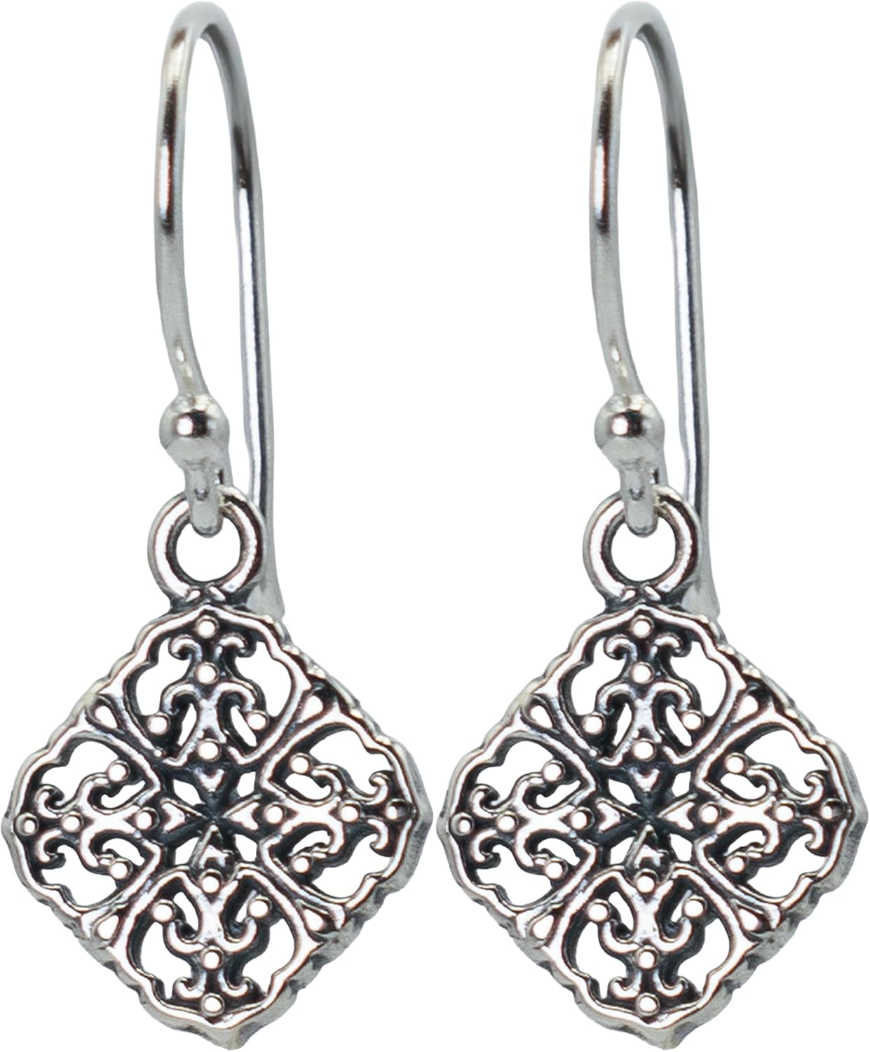 0.90" Inch Filigree Boho Bohemian Diamond Shape Dangle Drop Earrings, 925 Sterling Silver