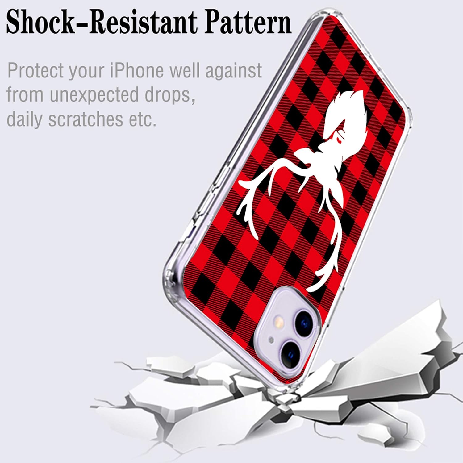 cocomong Buffalo Plaid Case for iPhone 11 6.1inch Red and Black Plaid Christmas Deer Cute Design, Flexible Soft TPU Protective Anti-Scratch-Drop Phone Case for iPhone 11 2019 for Women Men Girls