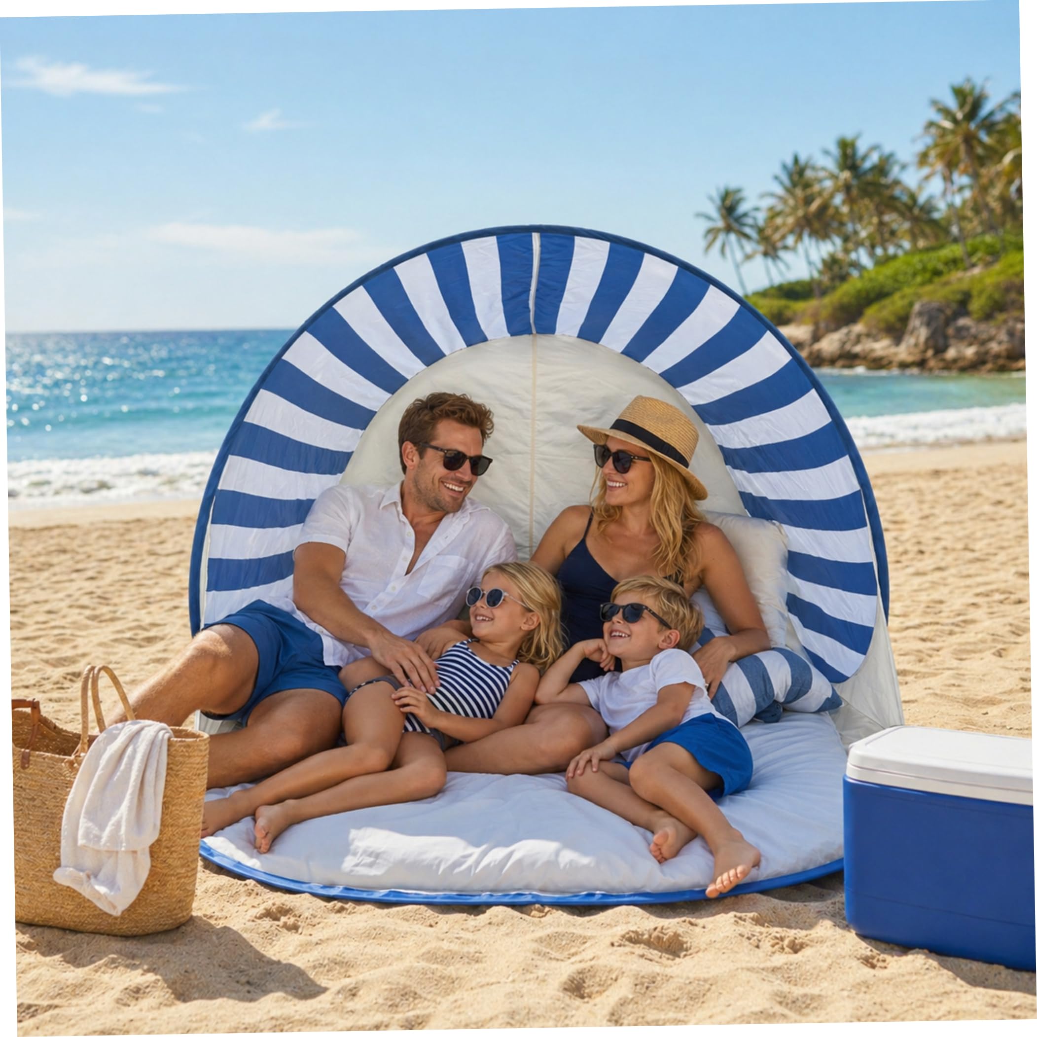 Tente de Plage Pop-up, tentes d'ombrage à Installation instantanée pour l'extérieur, abri Solaire de Plage Pliable et Portable pour l'été - Rayures Bleues, Tente