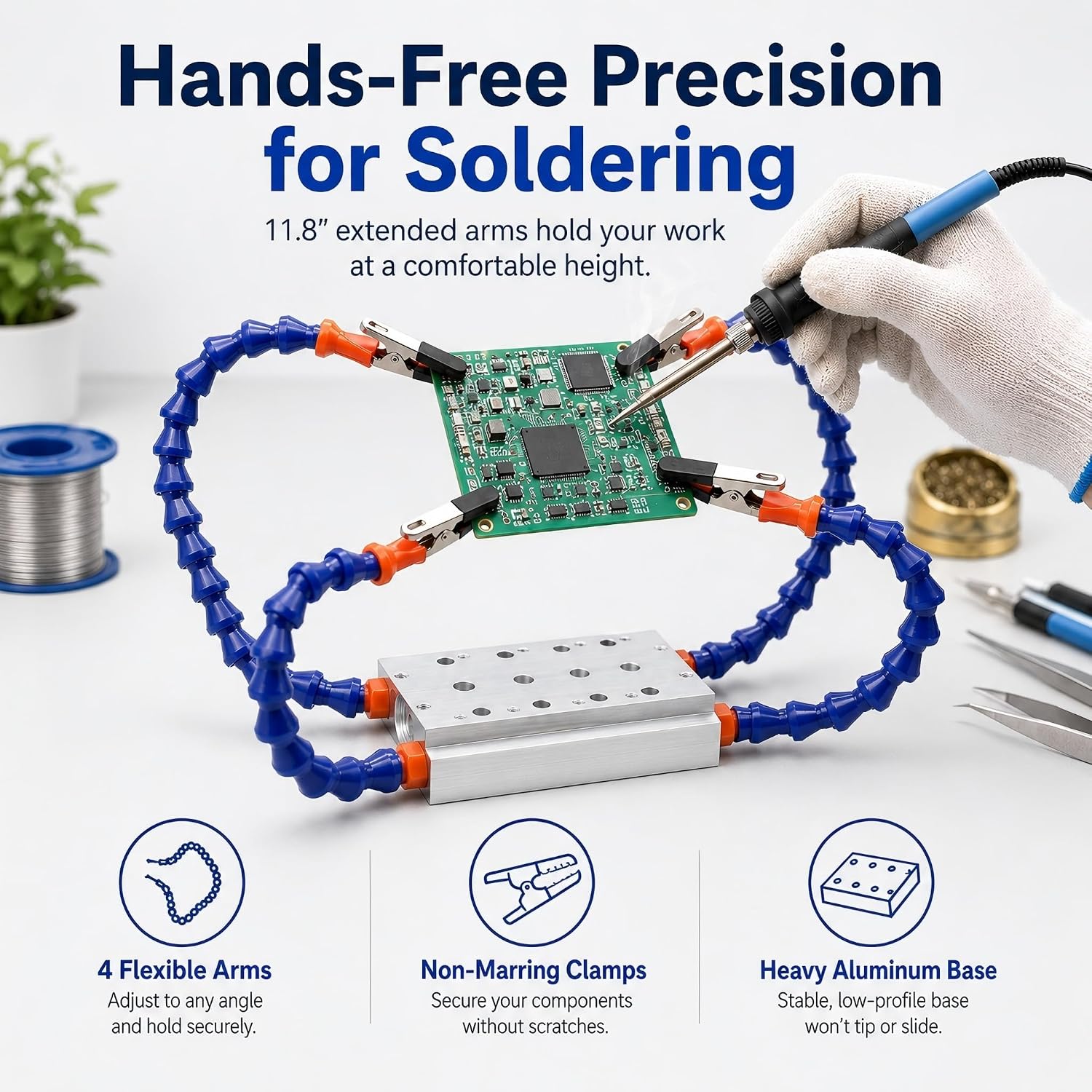 Soldering Helping Hands - 4 Flexible 11.8" Extended Arms, Heavy-Duty Aluminum Base Third Hand Tool with 4 Adjustable Clamps for Electronics Repair, Soldering, Jewelry, Models & DIY