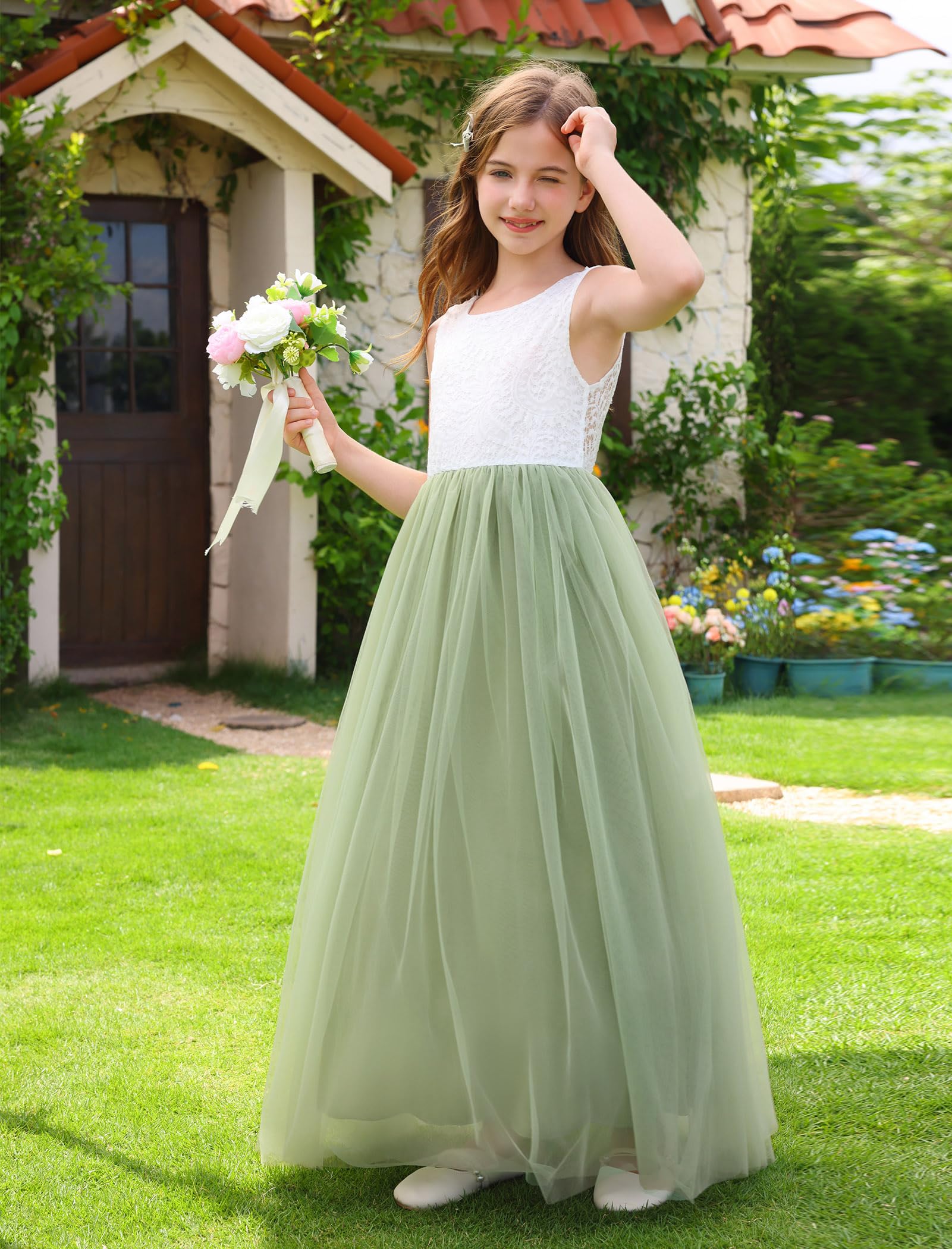Odizli Blumenmädchenkleider Ärmellos Spitze Rückenfreies Prinzessin A-Linie Tüllkleid Festlich Hochzeit Lang Ballkleid