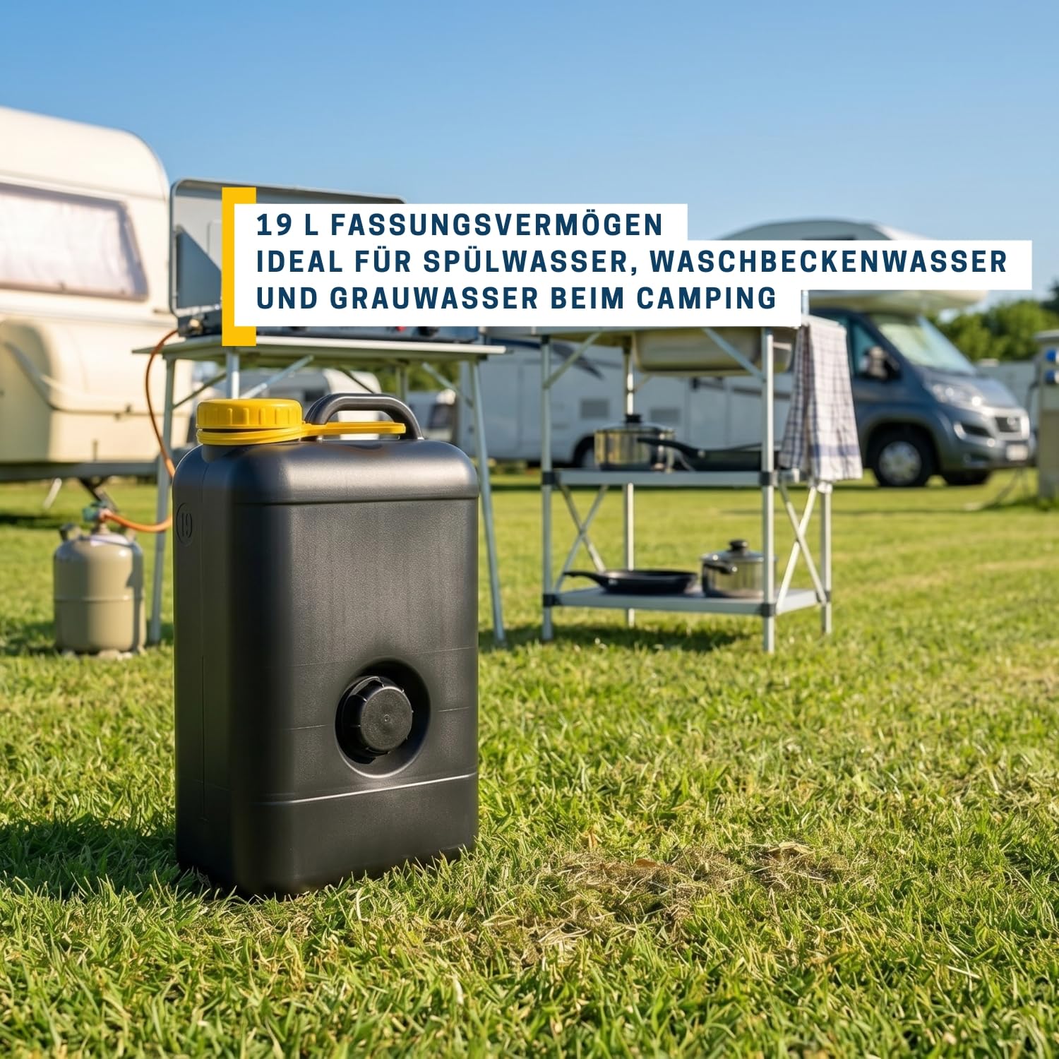 Réservoir d'eaux usées pour caravane 19 l - Réservoir plat pour eaux usées - Pour camping - Noir - 47,5 x 28 x 17 cm - Avec vidange DIN 96 et raccord DIN 61 pour camping-car