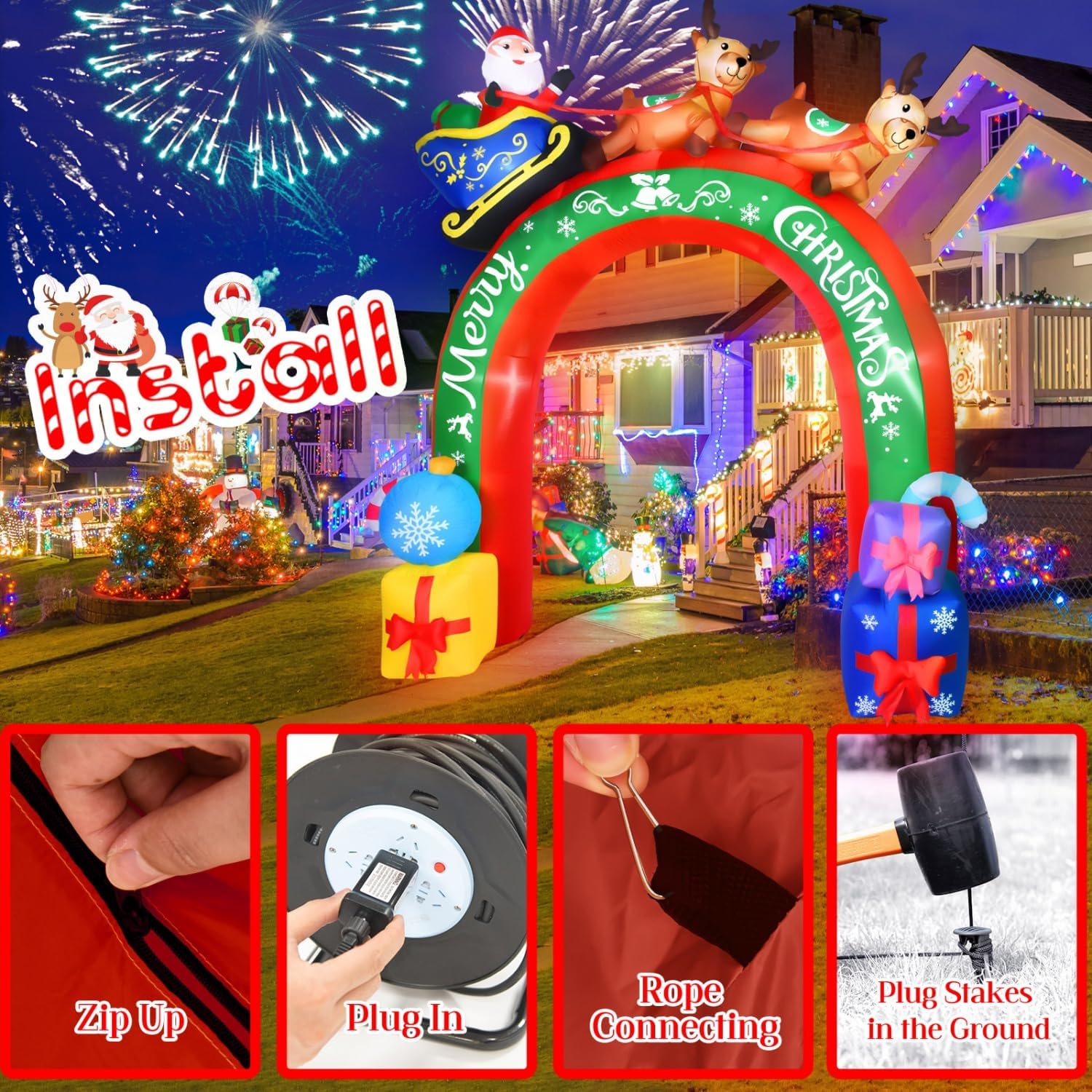 10 FT Christmas Inflatables Archway Santa Claus on Sleigh Christmas Blow Up Yard Decorations Built-in LED Lights for Outdoor Lawn Garden Decorations - Image 7