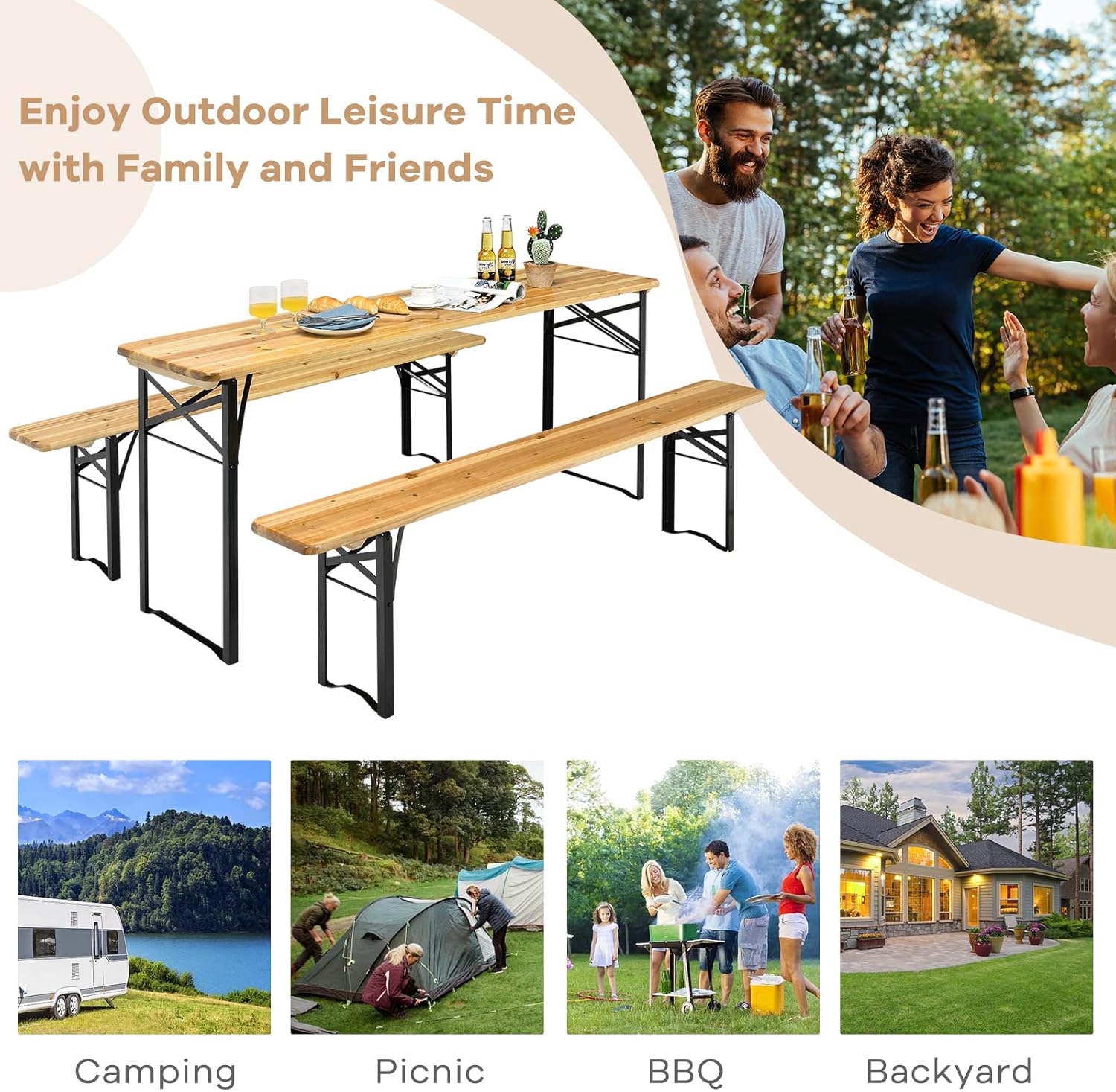 Goplus Foldable Picnic Table with Benches, 3-Piece 70” Portable Beer Garden Table with Sturdy Steel Frame, Folding Wooden Picnic Tables for Outdoors, Patio, Backyard