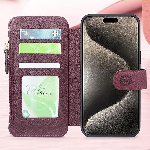 Miniatura 3 de Harryshell Funda compatible con iPhone 15 Pro, con carga inalámbrica MagSafe con 3 ranuras para tarjetas, bolsillo con cremallera, bolsillo con