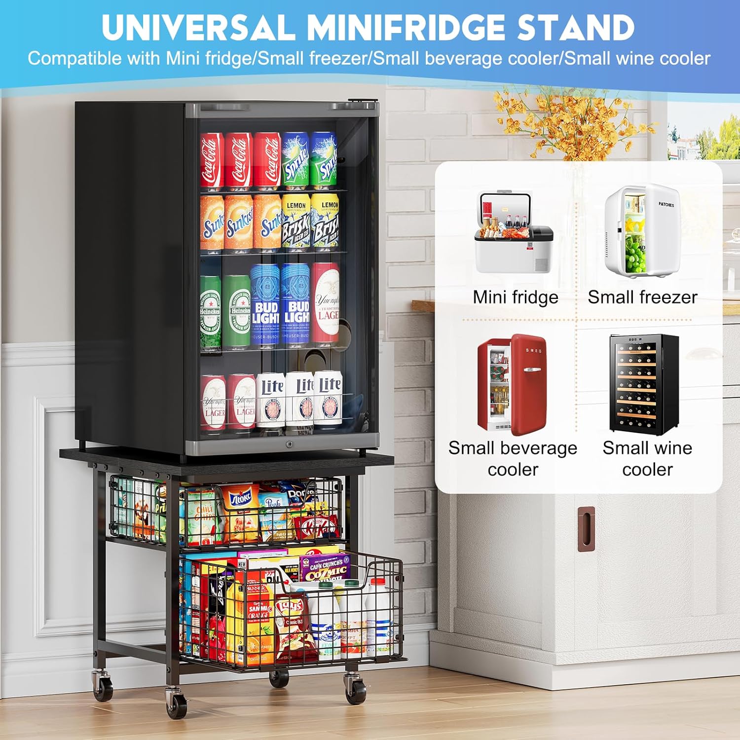 Mini Fridge Stand with Storage, Small Refrigerator Stand with 2 Drawers, Mini Fridge Shelf Cabinet-Max Load 300 LBS Heavy Microwave Stand Mini Fridge Cart for Dorm, Apartment, Kitchen (Black)