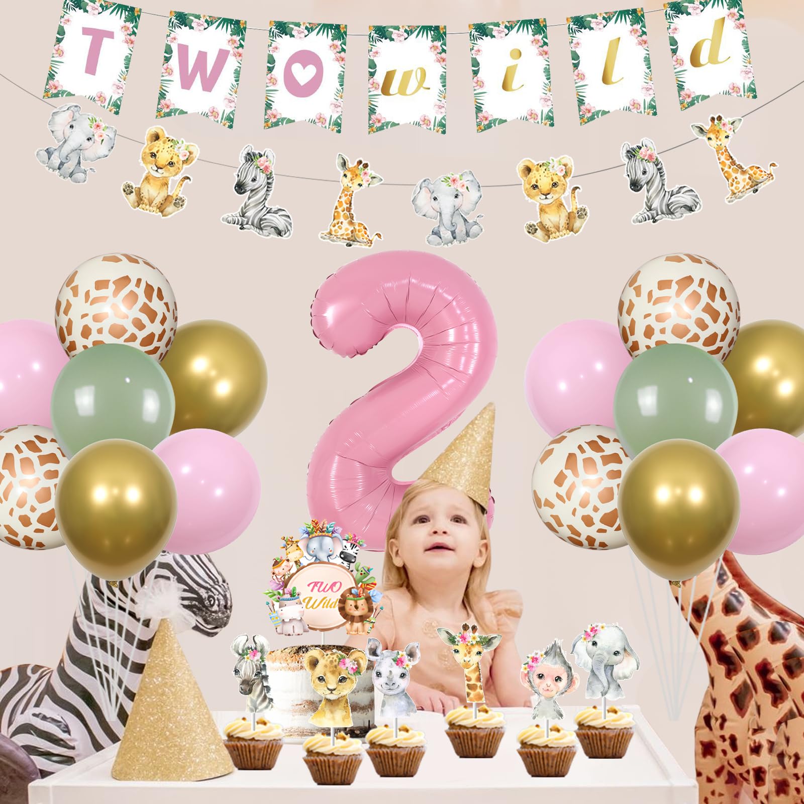 JOYMEMO Jungle Theme 2nd Birthday Decorations Girl - Dusty Pink and Sage Green Balloon Arch Kit with Two Wild Number 2 Balloon for Safari Birthday Party Supplies