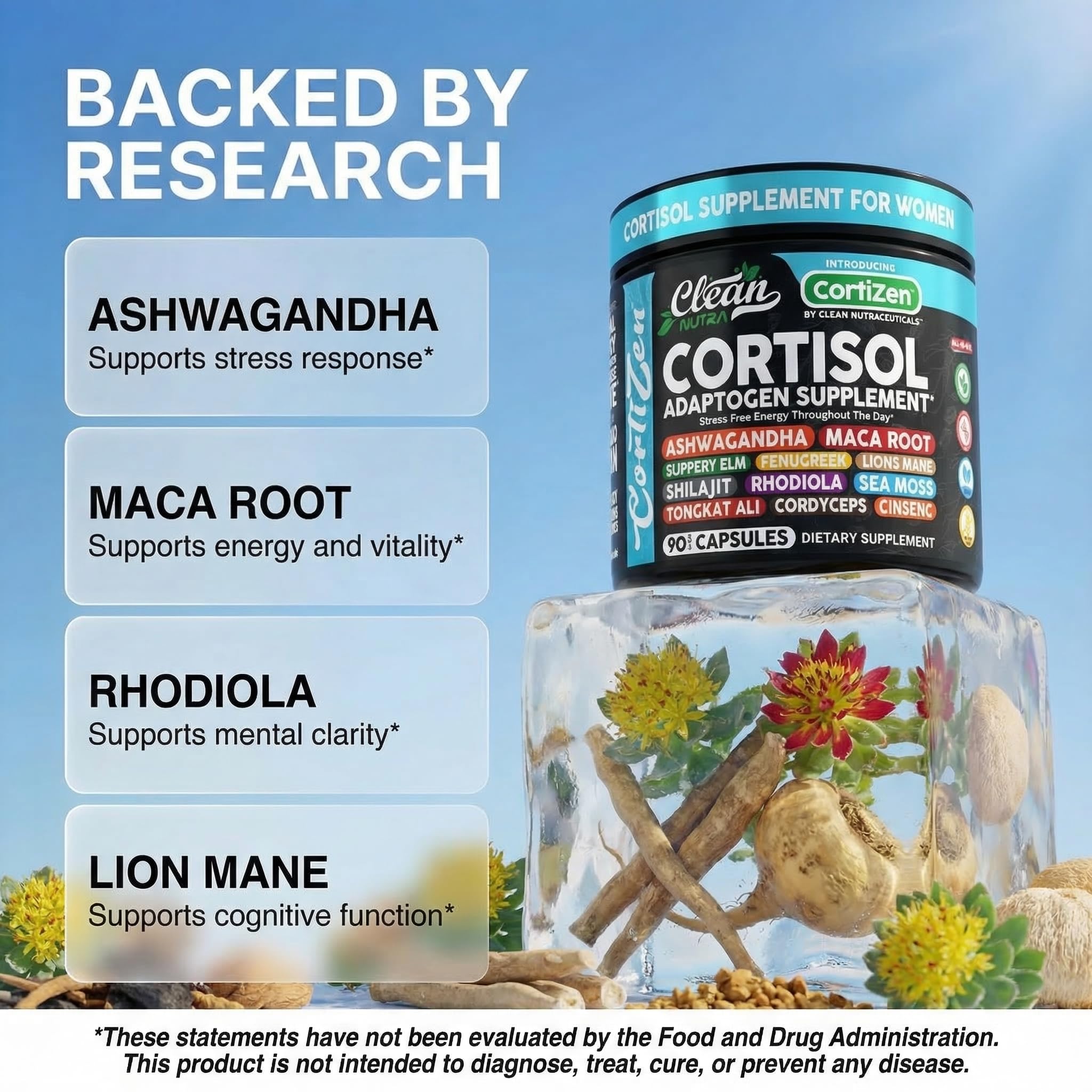 Clean Nutra Cortisol Supplements For Women | Maca Root Ashwagandha Cortisol Detox Manager Reducer + Slippery Elm Fenugreek Lions Mane Shilajit Rhodiola Sea Moss Tongkat Ali Cordyceps Ginseng Beet Root — Amazon image 3