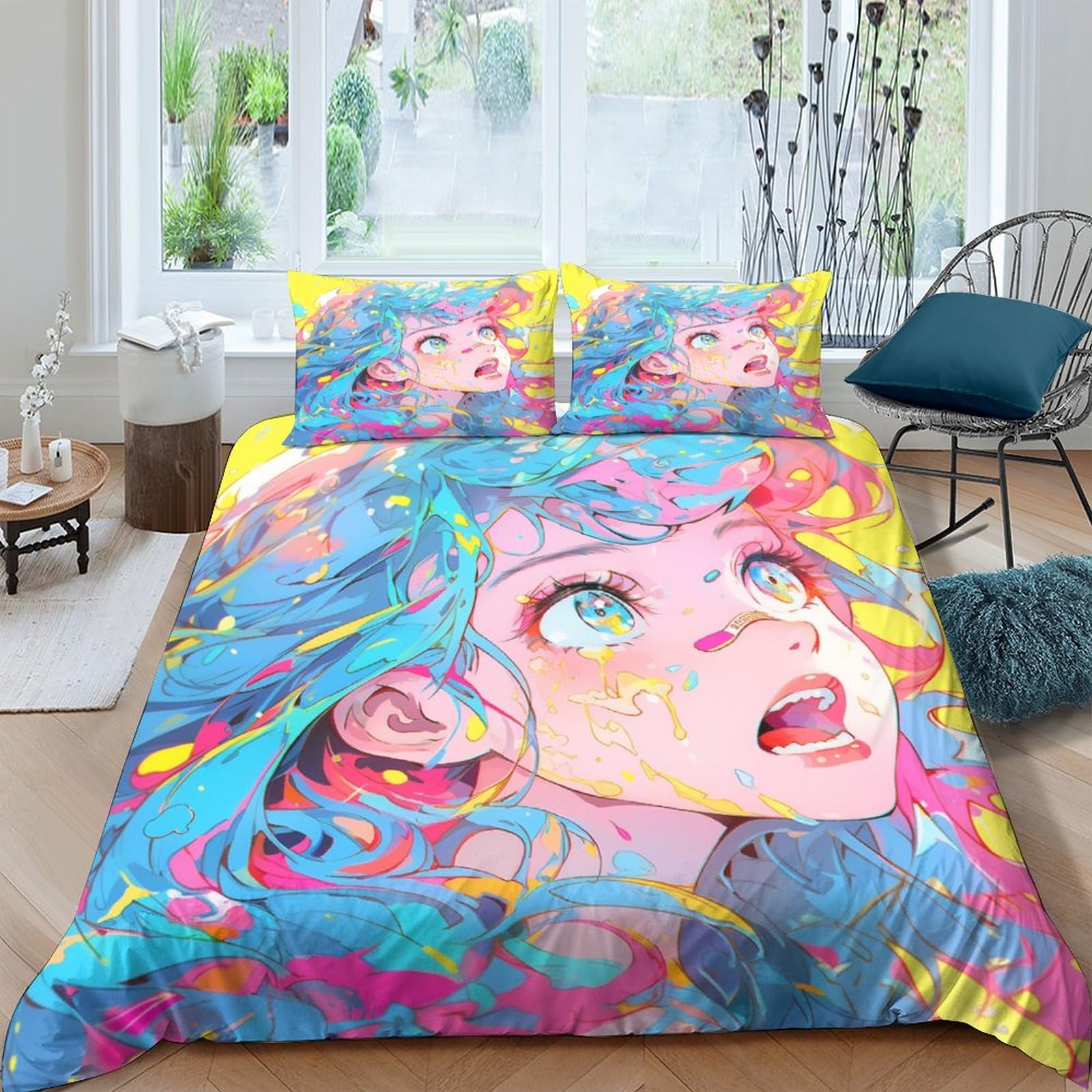 Housse de couette anime fille cheveux bleus 3 pièces avec taies parure de lit Cereris