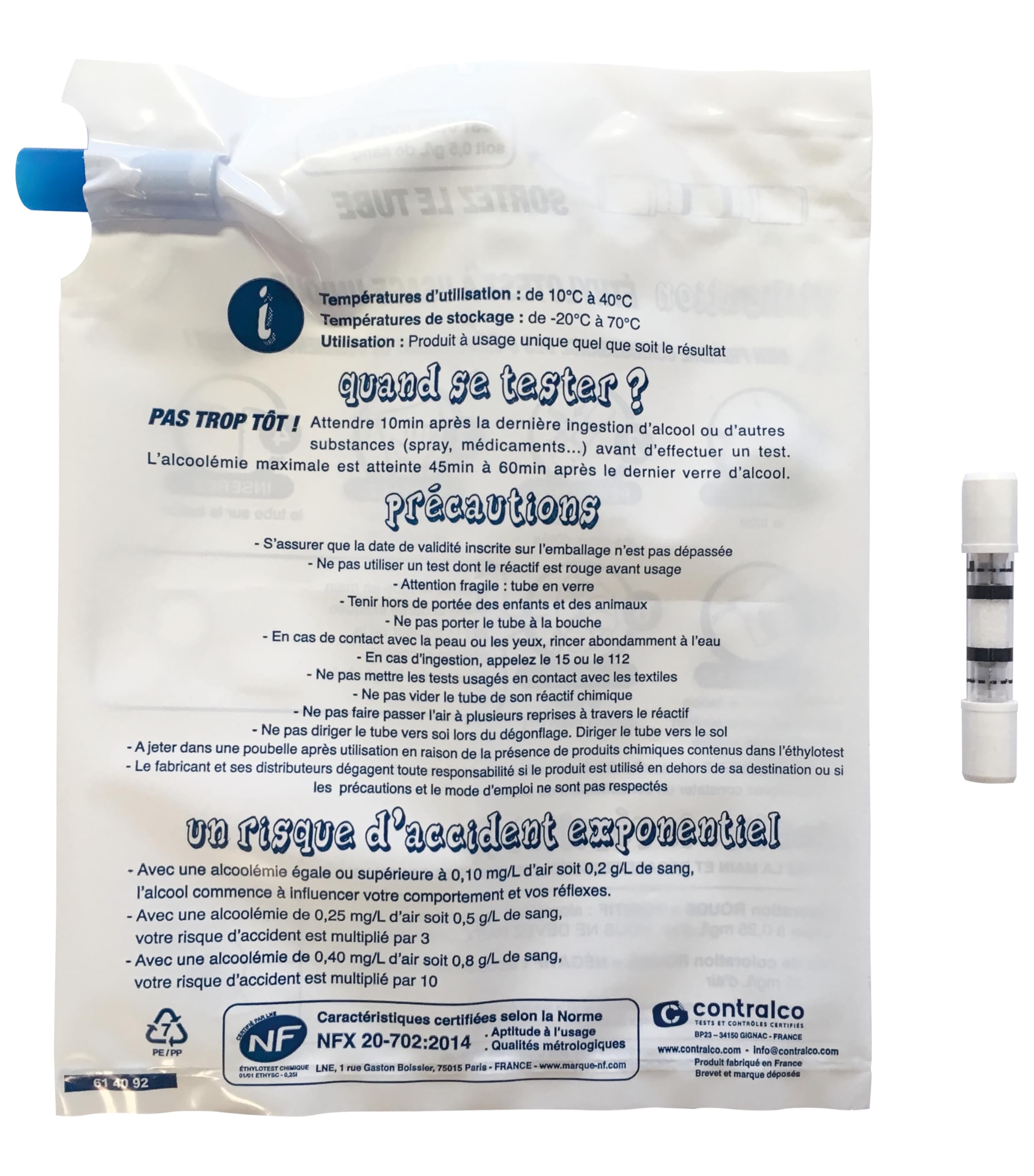 ETHYLOTEST Conforme NFX 20702 - Lot de 100 Sans Chrome Produit Français - Le ballon testeur d'alcoolémie - Validité 06/2028