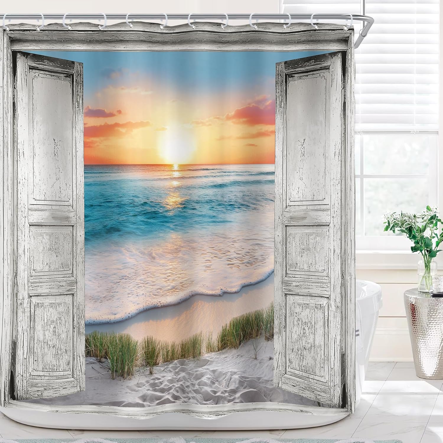 Riyidecor Ocean Beach Grey Barn Door Shower Curtain for Bathroom Decor 72Wx72H Hawaiian Sunset Scenery Sea Wave Retro Wood Rustic Nature Art Printed Fabric Polyester Waterproof 12 Pack Plastic Hooks