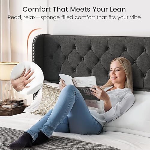 Miniatura 101 de LARMACE - Marco de cama tamaño King con 4 cajones de almacenamiento y cabecera tapizada con botones, cama de plataforma tapizada en lino con