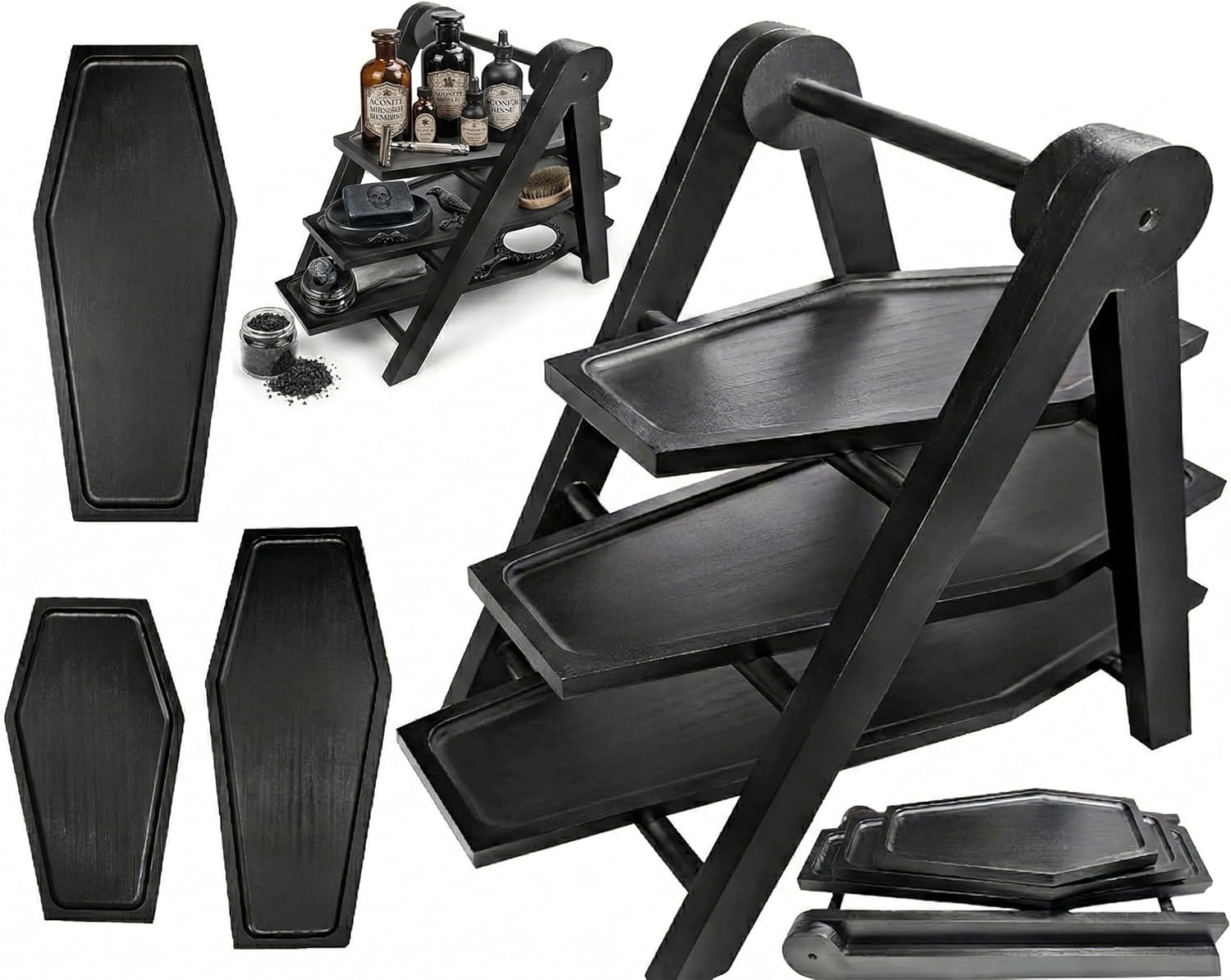 20'' Tall 3 Tiered Coffin Shelf Tray Decor for Gothic Wedding Party Food, for Goth Home Acessories Vanity Jewelry, Kitchen Fruits Dish, Bathroom Toiletries Display