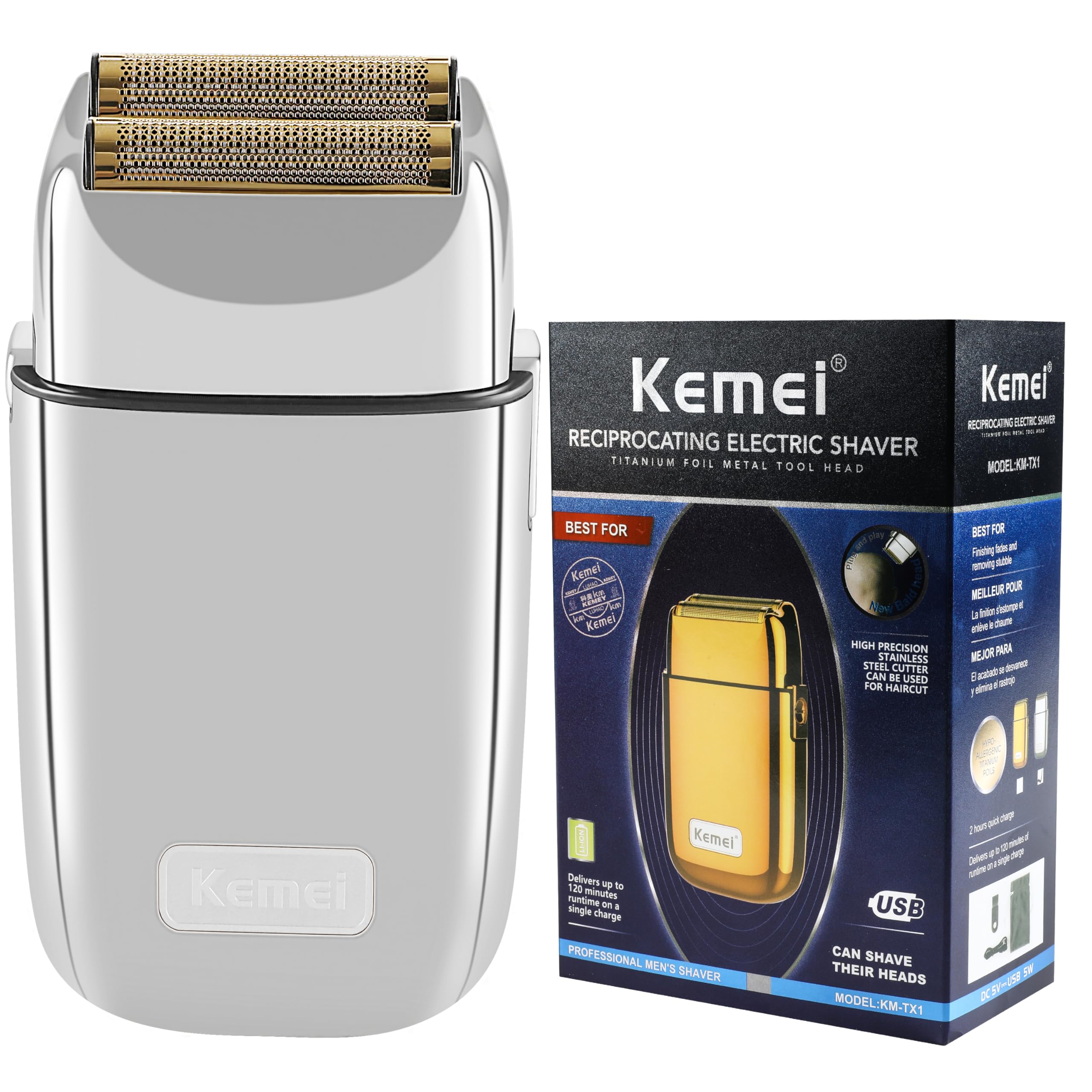 Kemei Máquina de Afeitar TX1, Cerrar Afeitadora Eléctrica Hombre, EasyClean,Tipo C Recargable para Afeitado Húmedo/Seco, Plateado