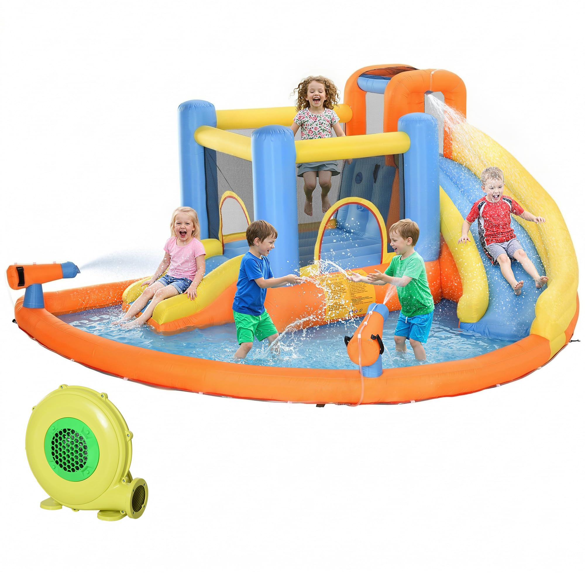 AIYAPLAY 5 in 1 Bouncy Castle for Children, Inflatable Bounce House with Dual Slides, Water Cannons, Trampoline, Splash Pool, Climbing Wall and Blower for Indoor Outdoor Fun