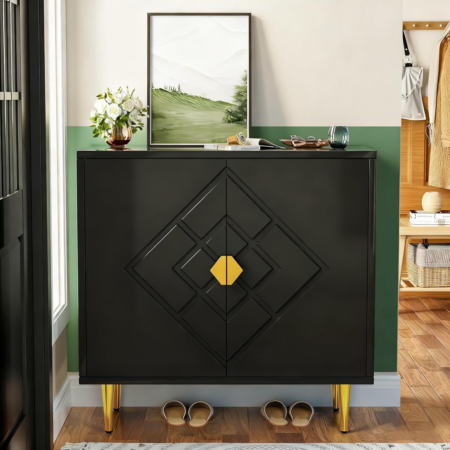 Xilingol Modern Accent Cabinet with Storage, Storage Cabinet with 2 Doors, Sideboard Buffet with Diamond Pattern Double Door for Hallway, Entry, Living Room (Black)