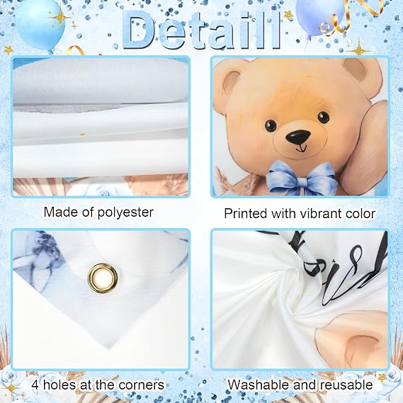 Blue Bear Baby Shower Backdrop Bearly Wait Banner for Boy 6x3.6 ft