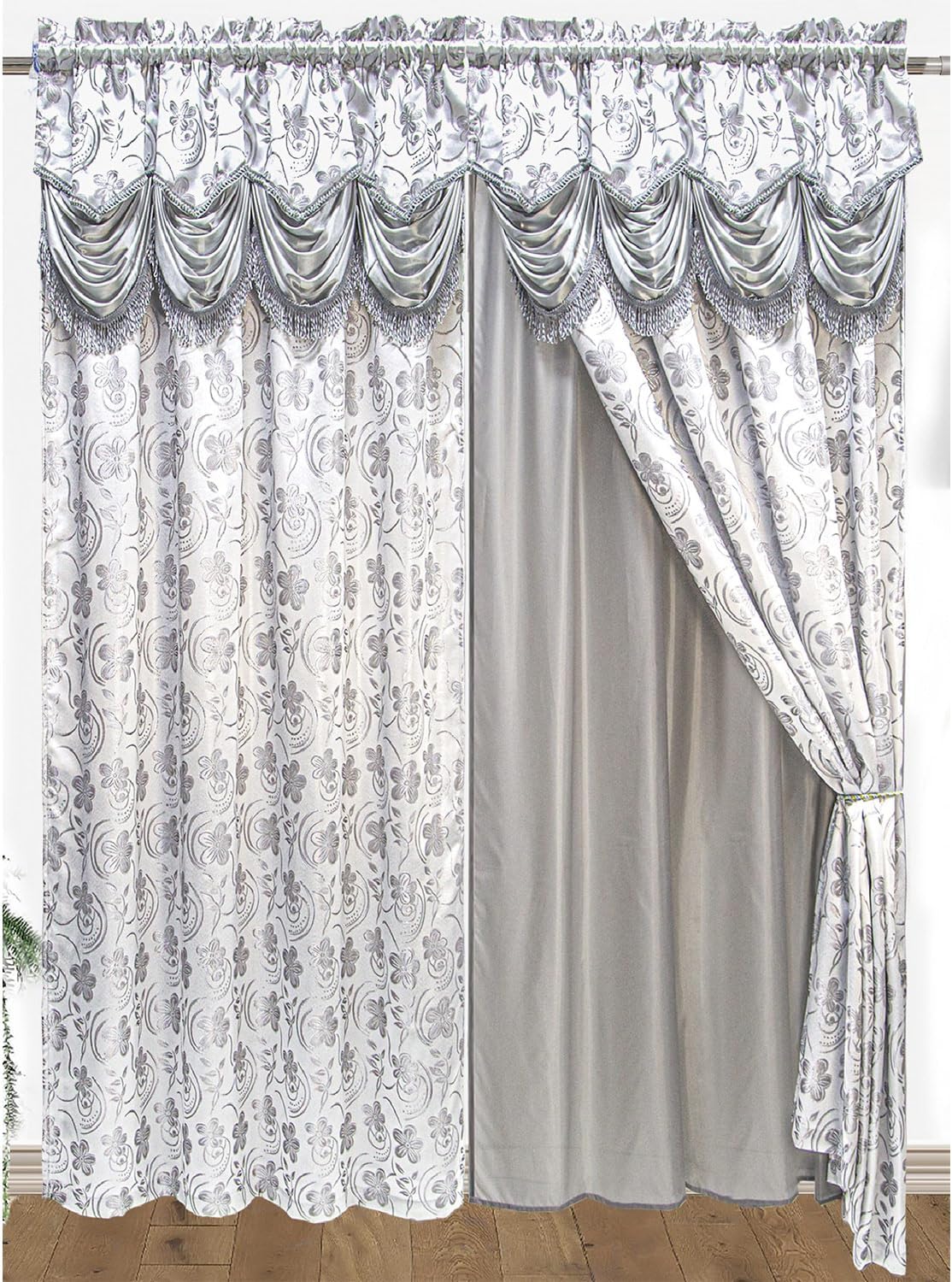 DEVIKA Jacquard Rod Pocket Panel with Attached Valance and Backing, Floral Jacquard Design, Soft-Shimmer with Scroll Pattern, Elegant Look, Tie Back Included, 54x84 Inches (Burgundy)