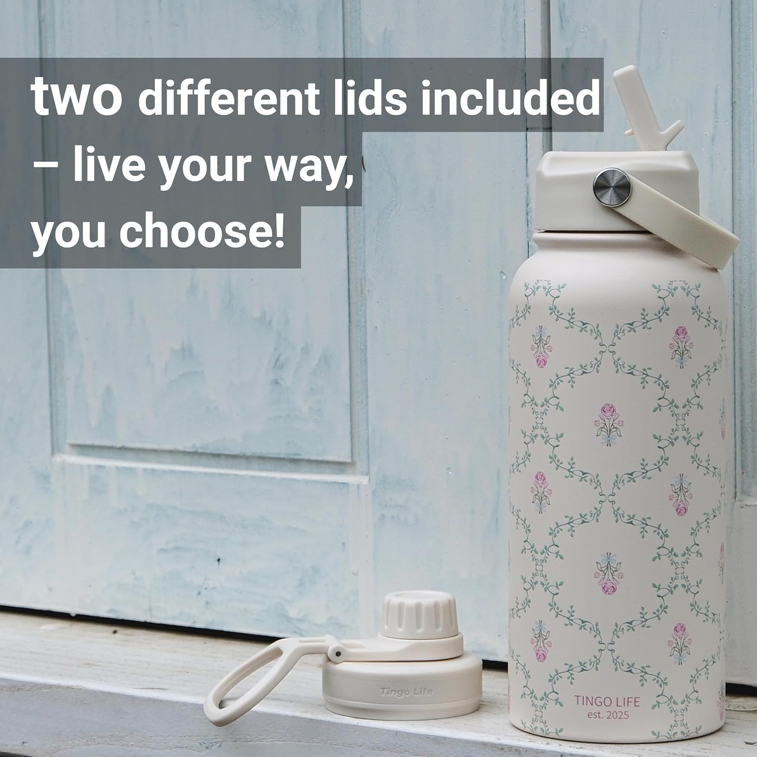 32oz Insulated Stainless Steel Cute Water Bottle - 2 Lids Included (Straw + Spout Lids), Leakproof BPA-Free, vintage Victorian Vine Design, Perfect Gym/Yoga/Office Companion