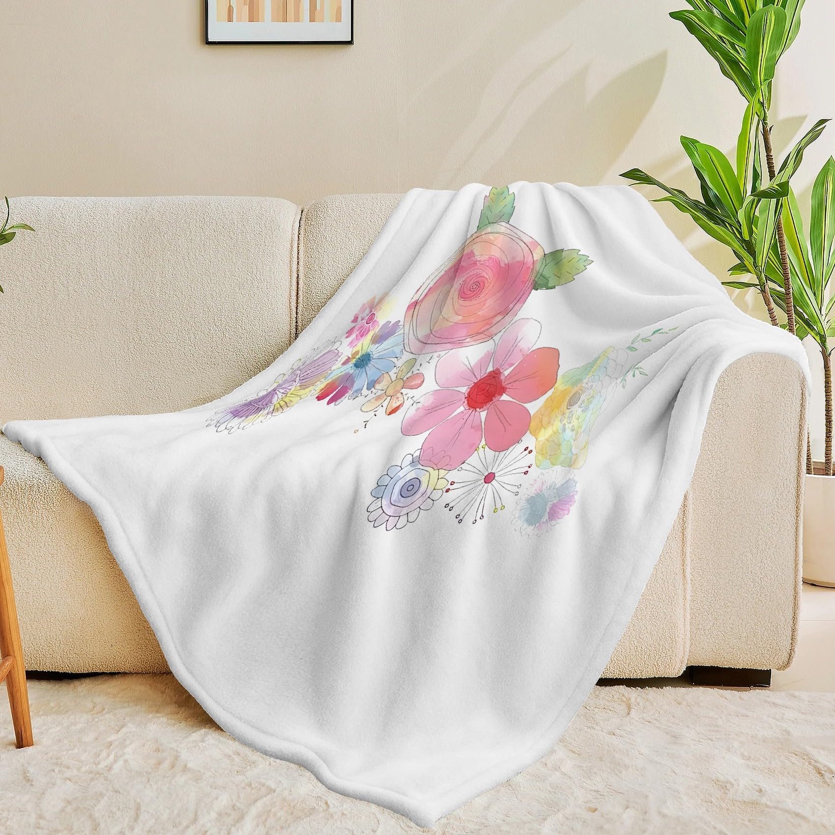 Koc z motywem kwiatowym w stylu akwarelowym Koc polarowy z mikrofibry 220 x 240 cm, lekki, miękki, ciepły i wygodny, odpowiedni do sypialni i salonu