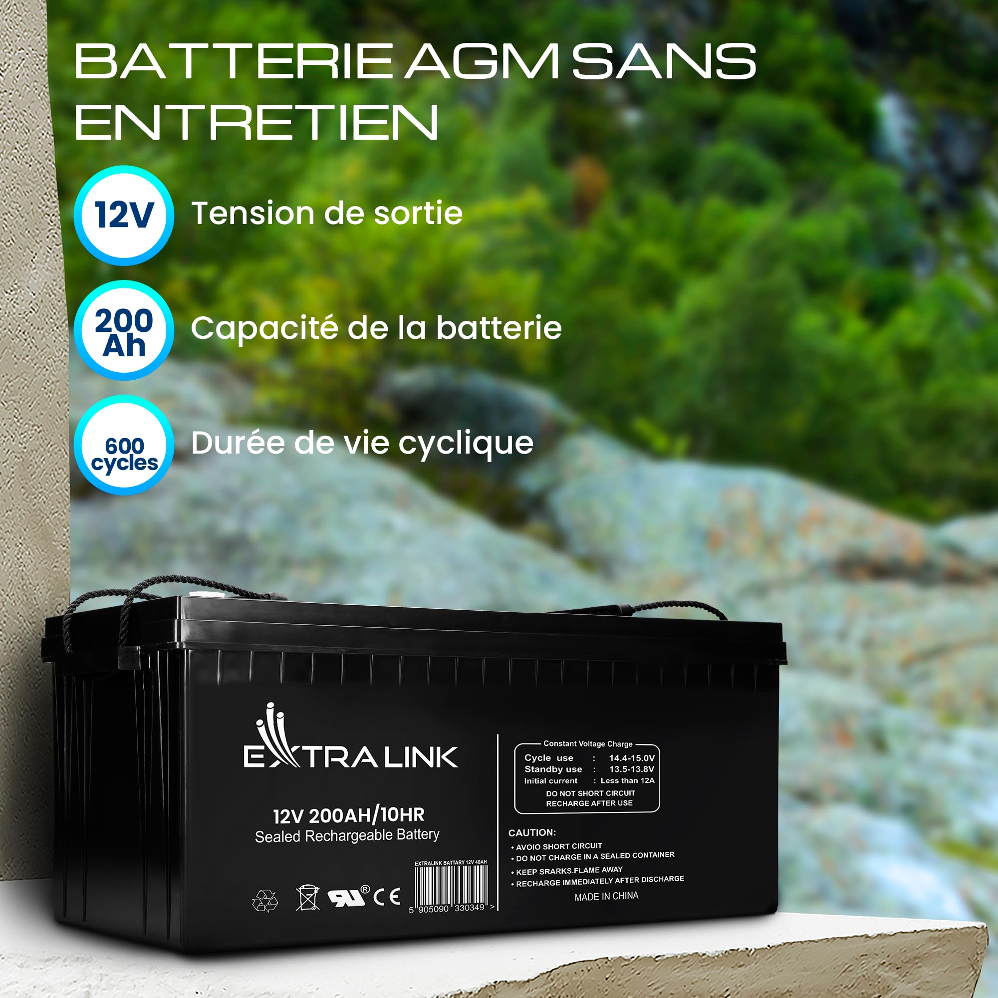 Extralink Batterie AGM 12V 200Ah - Batterie Decharge Lente sans Entretien, Anti-Fuite, Deep Cycle - Batterie Solaire, Camping-Car, UPS, Système Autonome, Alimentation de Secours
