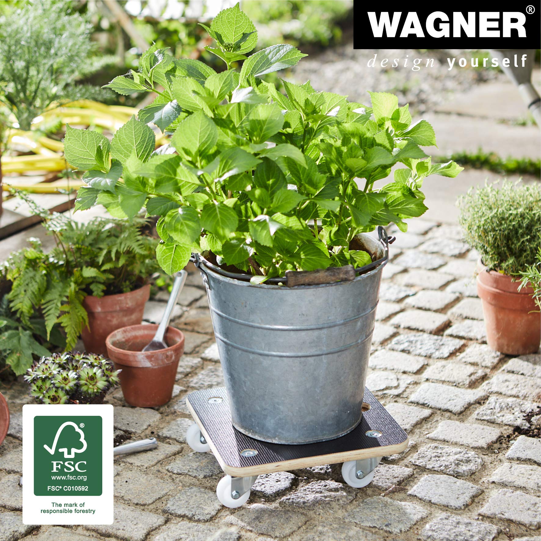 WAGNER Support à roulettes pour Pot de Fleur Maxigrip 29 x 29 x 8,5 cm I Aide de Transport pour l'intérieur + l'extérieur I Bois certifié FSC® I Capacité de Charge 200 kg I Made in Germany - 20135001