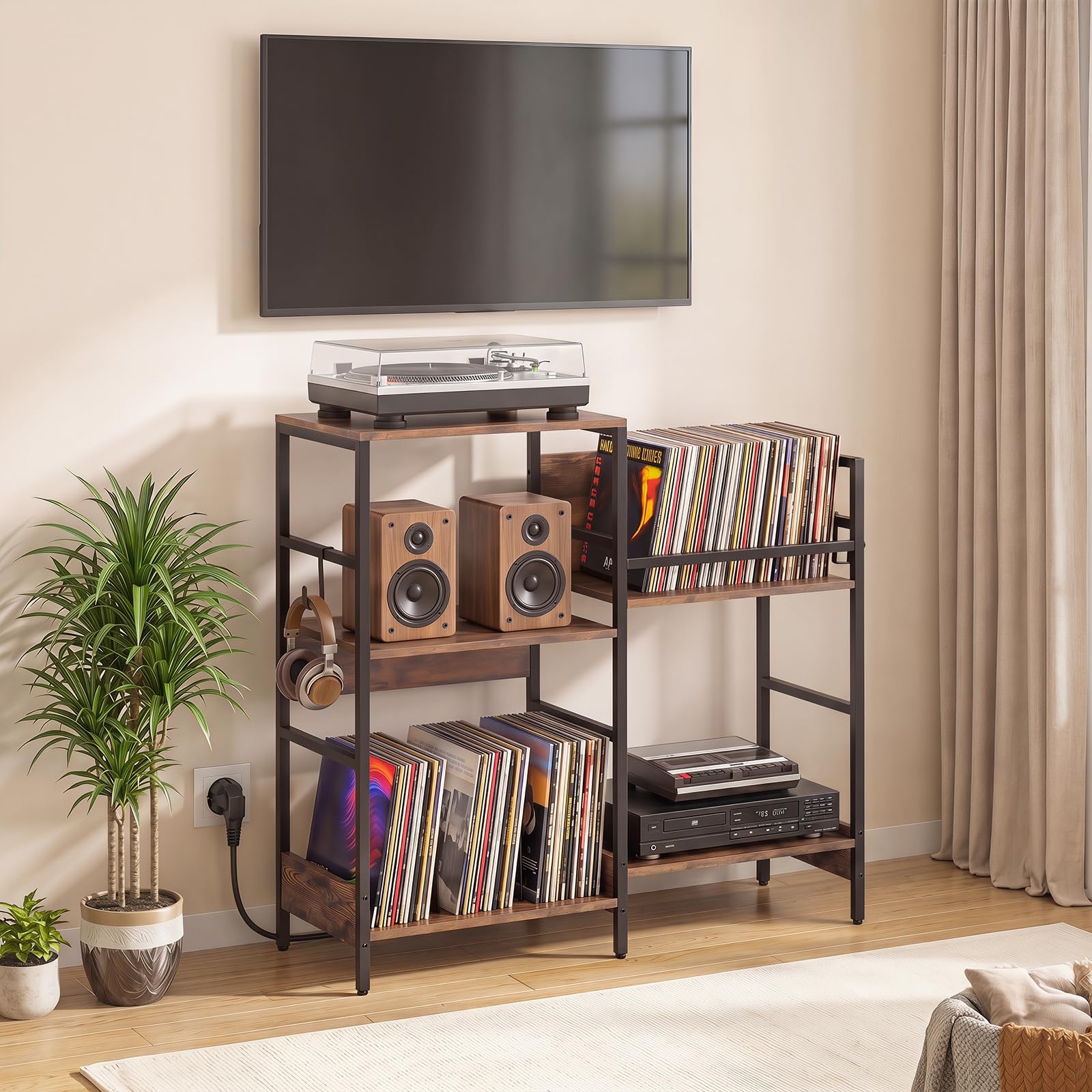 COSTWAY Mobile per Giradischi, Supporto per Vinile con Stazione di Ricarica, Mobile Porta Giradischi con 3 Ripiani, Scomparto, Ripiano Porta Vinili e 3 Ganci per Soggiorno e Studio, 78 x 30 x 78 cm