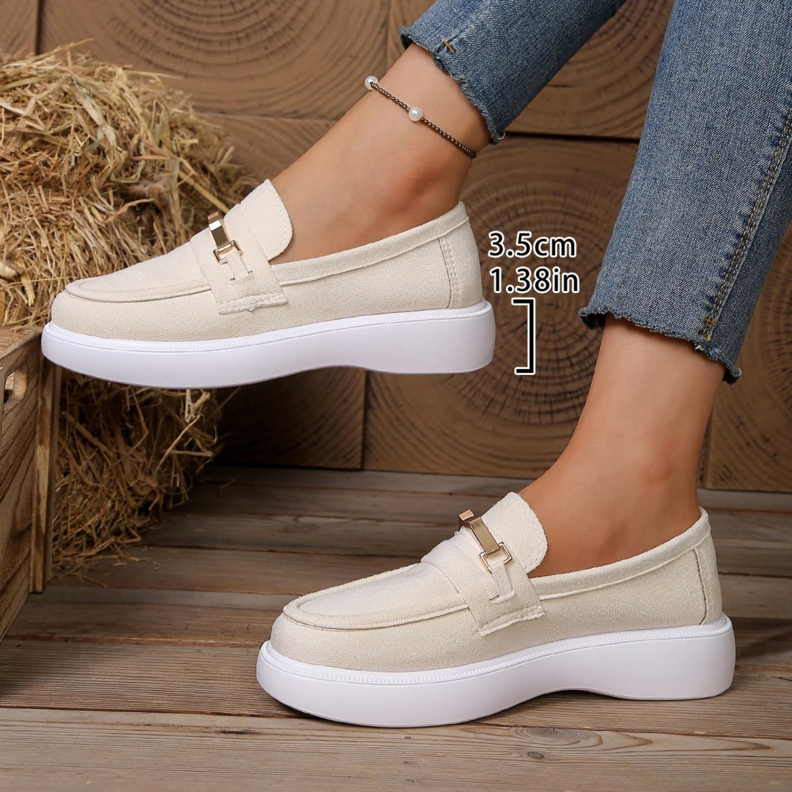Mocassini classici da donna in metallo, con plateau, in finta pelle scamosciata, senza lacci, stile casual, per ufficio e guida, Beige, 40 EU