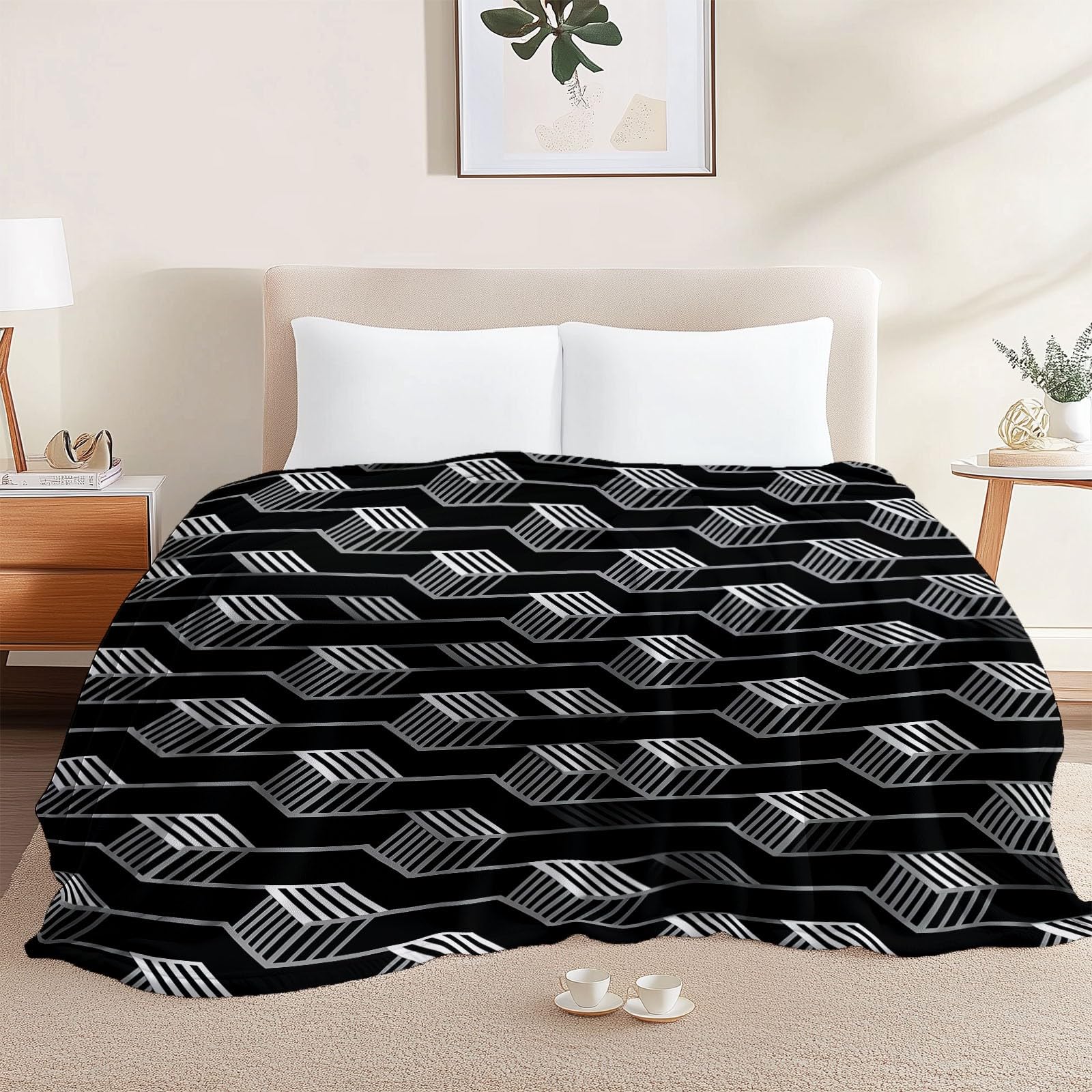 Manta de Franela Geometría Moderna para Mujeres y Hombres, Manta de Felpa de Franela Suave para sofá Cama, decoración de habitación Infantil 200 x 220 cm Negro