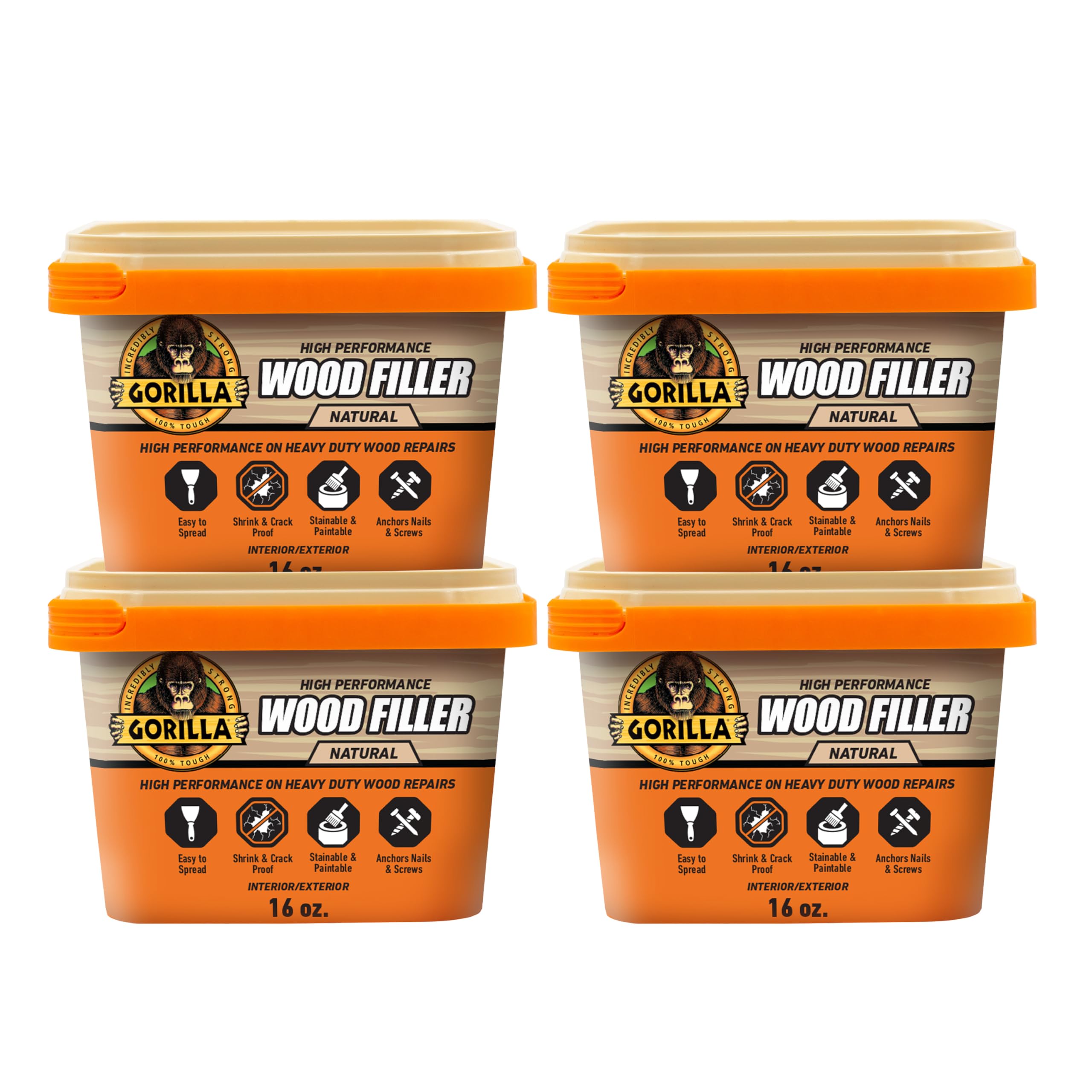 Gorilla All Purpose Wood Filler, Natural Finish, 16 Ounce Tub (Pack of 4) - Water Resistant for Indoor or Outdoor Projects and Repairs