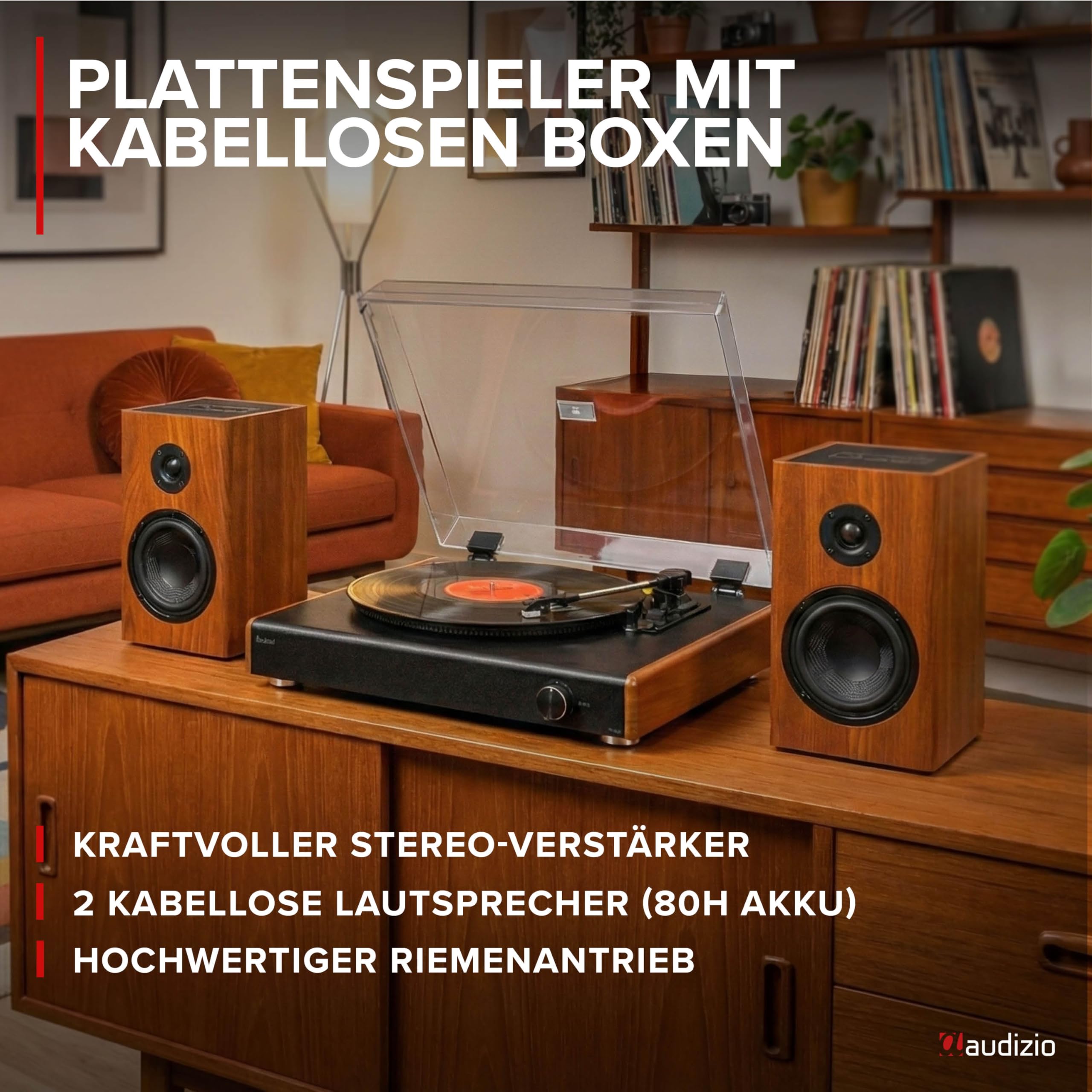 Audizio RP337W Plattenspieler mit Lautsprecher Bluetooth – Vinyl Player Holzoptik – Record Player mit 33, 45 & 78 U/min – Schallplattenspieler mit kabellosen 50 Watt Akku Lautsprecher, Retro Turntable