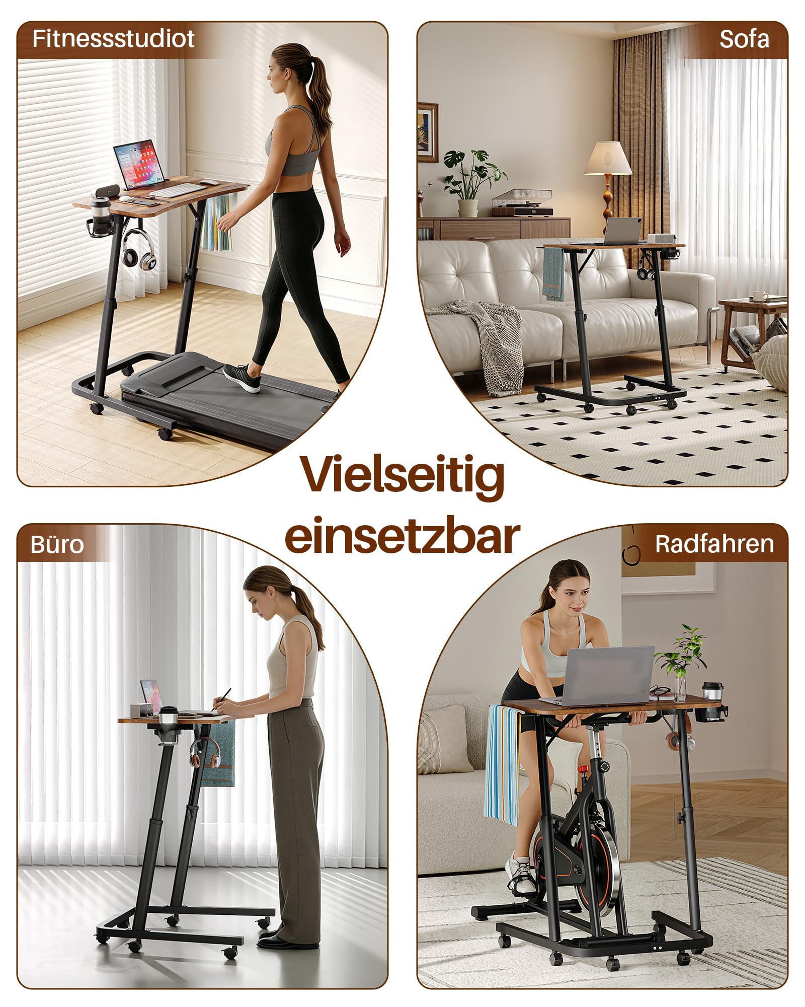 Fahrrad Rollentrainer Tisch mit Höhenverstellung & Rollen,Nachttisch und Laptoptisch,Höhenverstellbarer beistelltisch für Indoor Cycling und laufband mit Getränkehalter & Haken