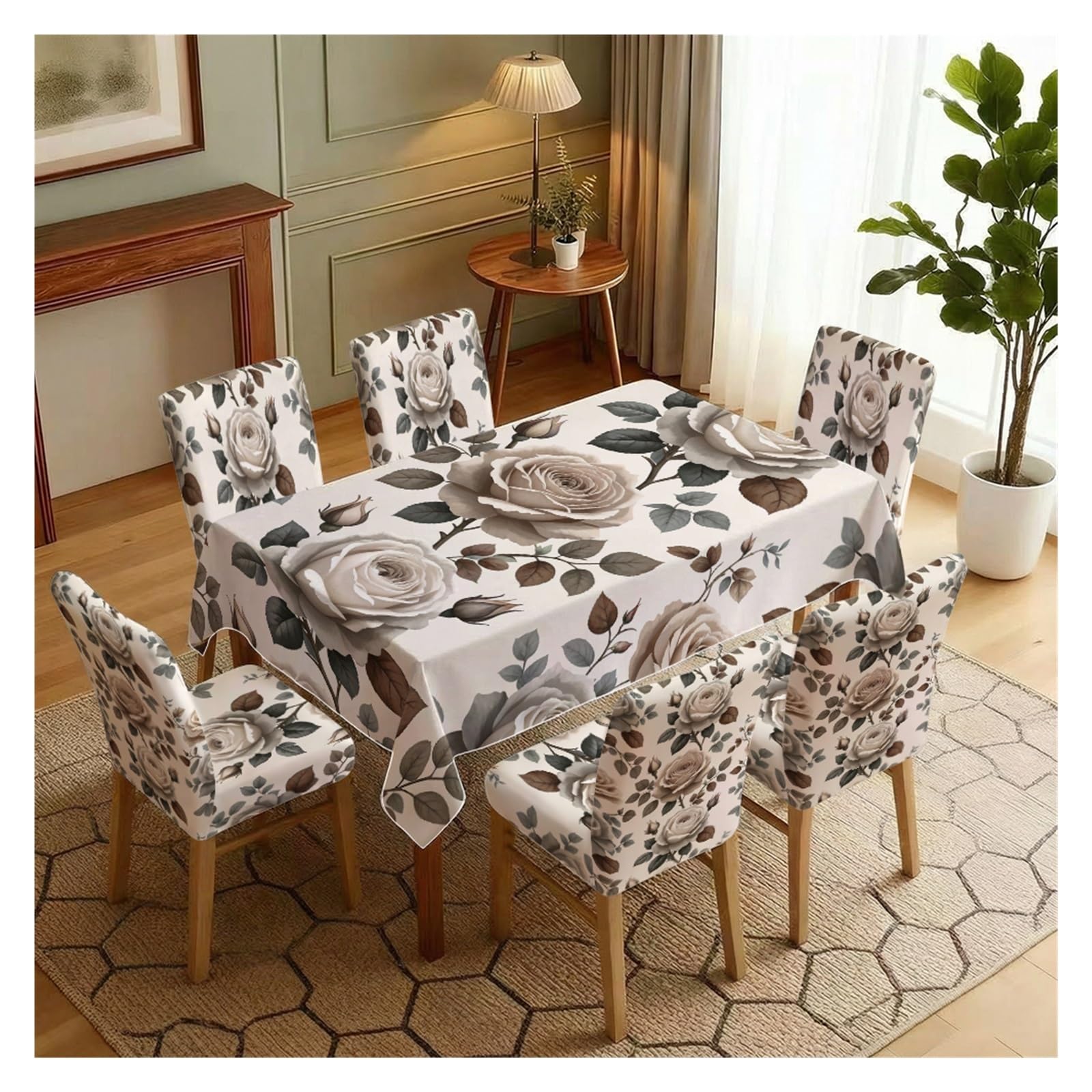 Housses de chaise extensibles avec nappe assortie vintage crème floral