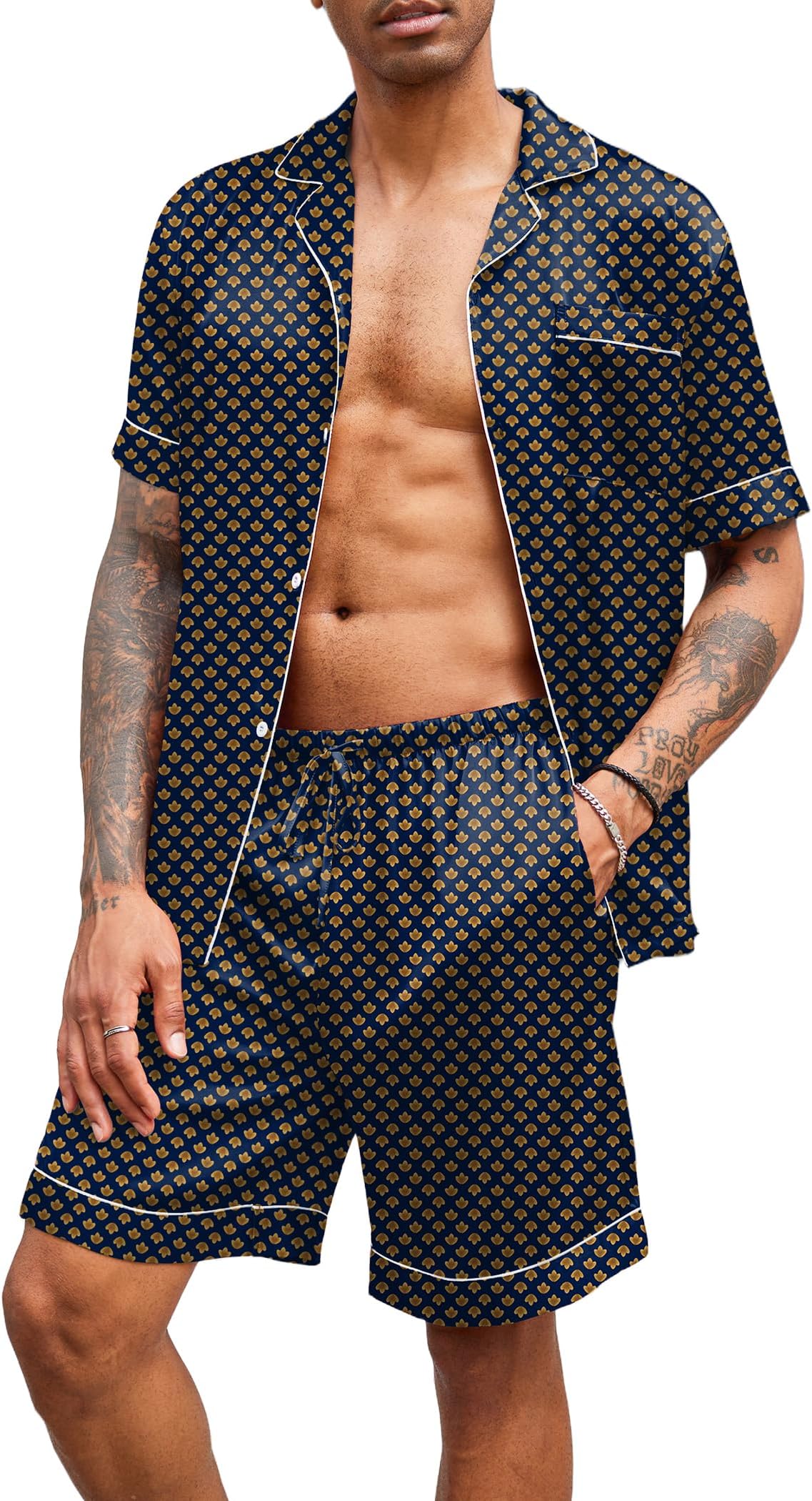 Mens Satin Pajamas Set Button-Down Short Sleeve Shirt Top Soft Silk Sleepwear Shorts with Pockets