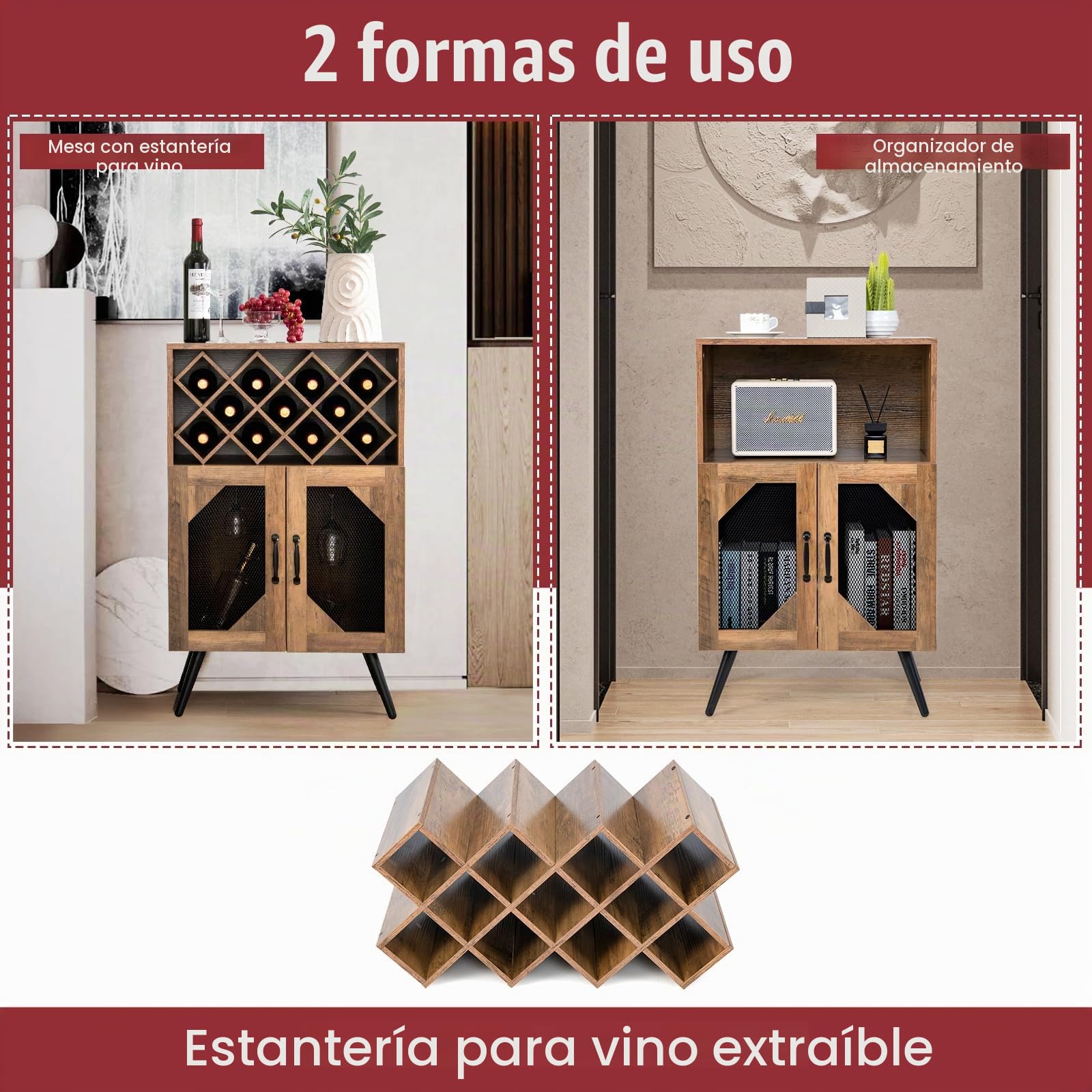 KOMFOTTEU Aparador de Vino para Cocina, Armario Industrial con Estante Extraíble de 11 Botellas y Portavasos, Mueble Buffet con 2 Puertas de Malla y Dispositivo Antivuelco, para Comedor, Salón