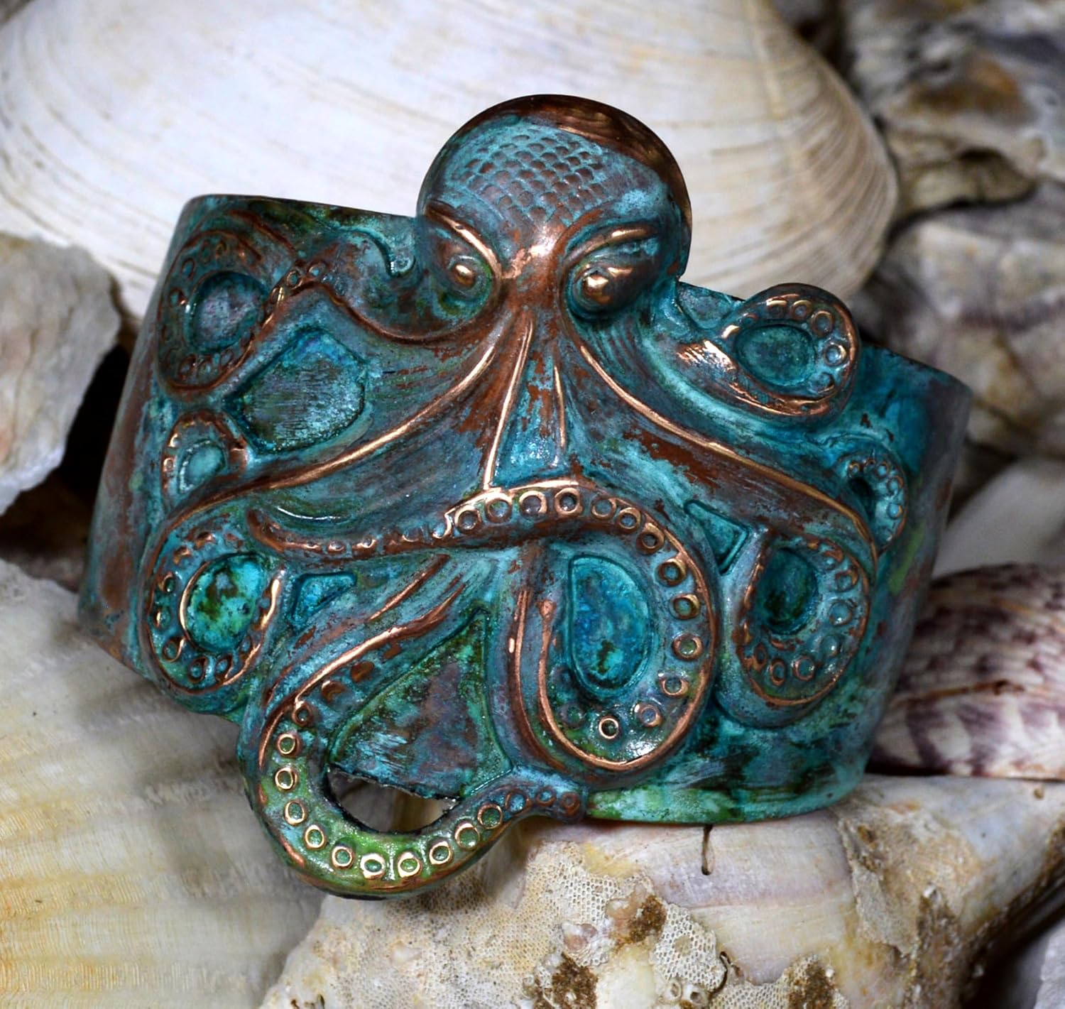 Elaine Coyne Wearable Art Patina Sculptural Octopus Tapered Cuff Bracelet