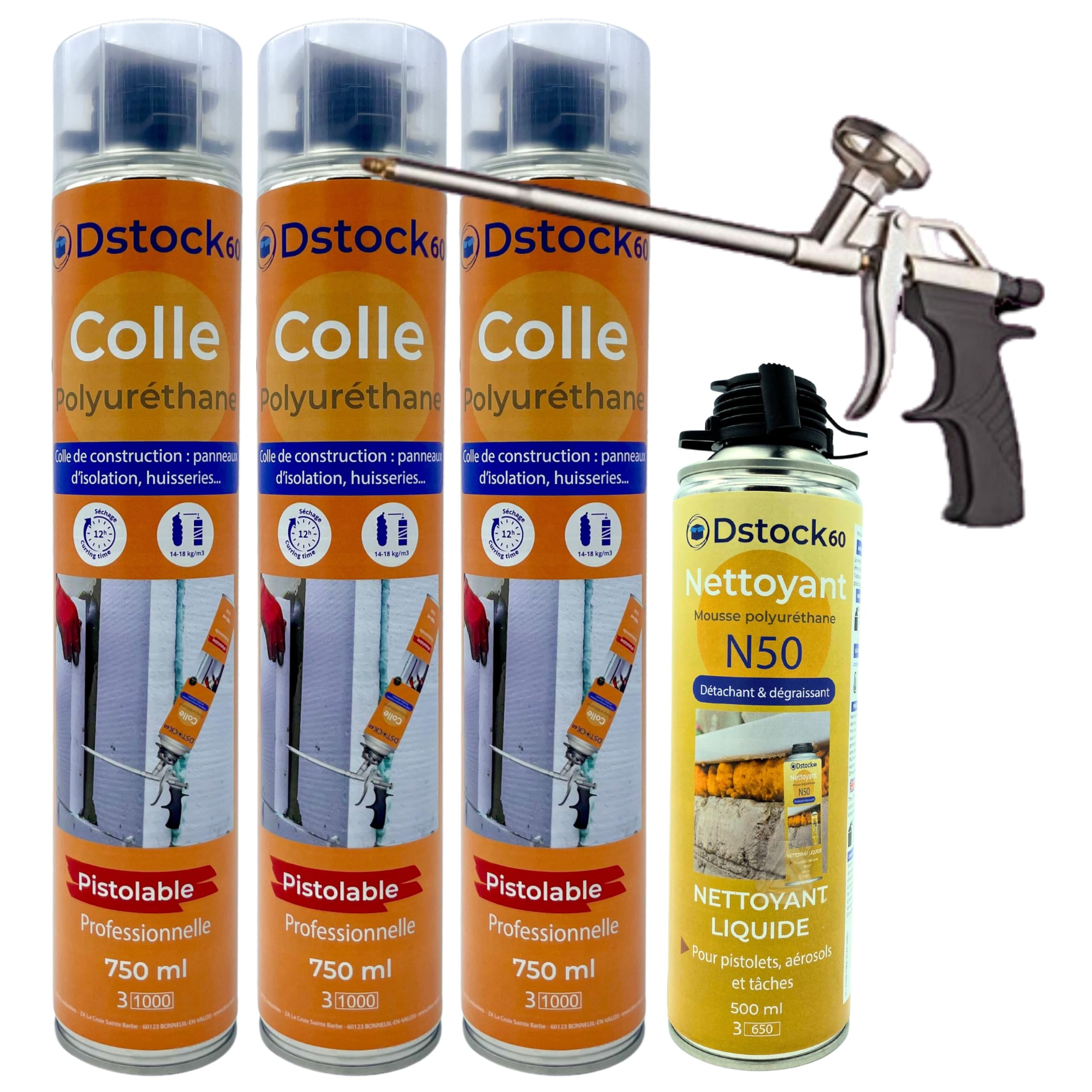 DSTOCK60 - Lot de 3 colles de montage polyuréthane + 1 pistolet + 1 nettoyant mousse - Mousse polyuréthane faiblement expansive pour le collage des panneaux isolants, rouleaux de bitume, huisseries