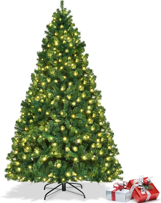 COSTWAY 7.5 FT Prelit Christmas Tree, Artificial Christmas Tree with 1346 PVC Branch Tips, 400 LED Light, Folding Metal Stand, Easy Assembly, Full Hinged Fir Xmas Tree for Home Office Party Decoration