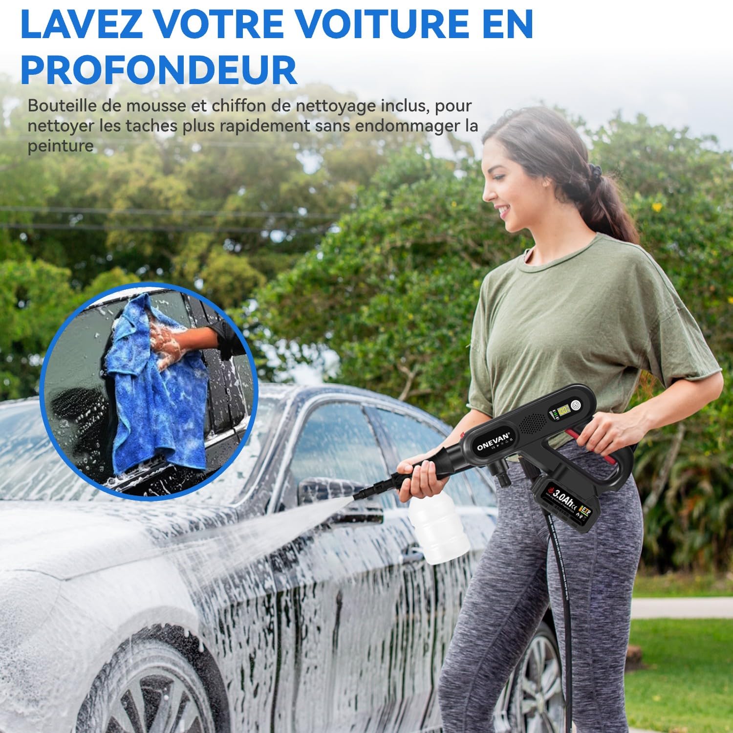 ONEVAN Nettoyeur Haute Pression sans Fil 2 Batteries 4.0Ah, Press Spirale | Autonomie 60min, 80bar, buse 5 en 1, écran LCD, 3 niveaux puissance, 10m portée, pour le lavage voiture et nettoyage jardin