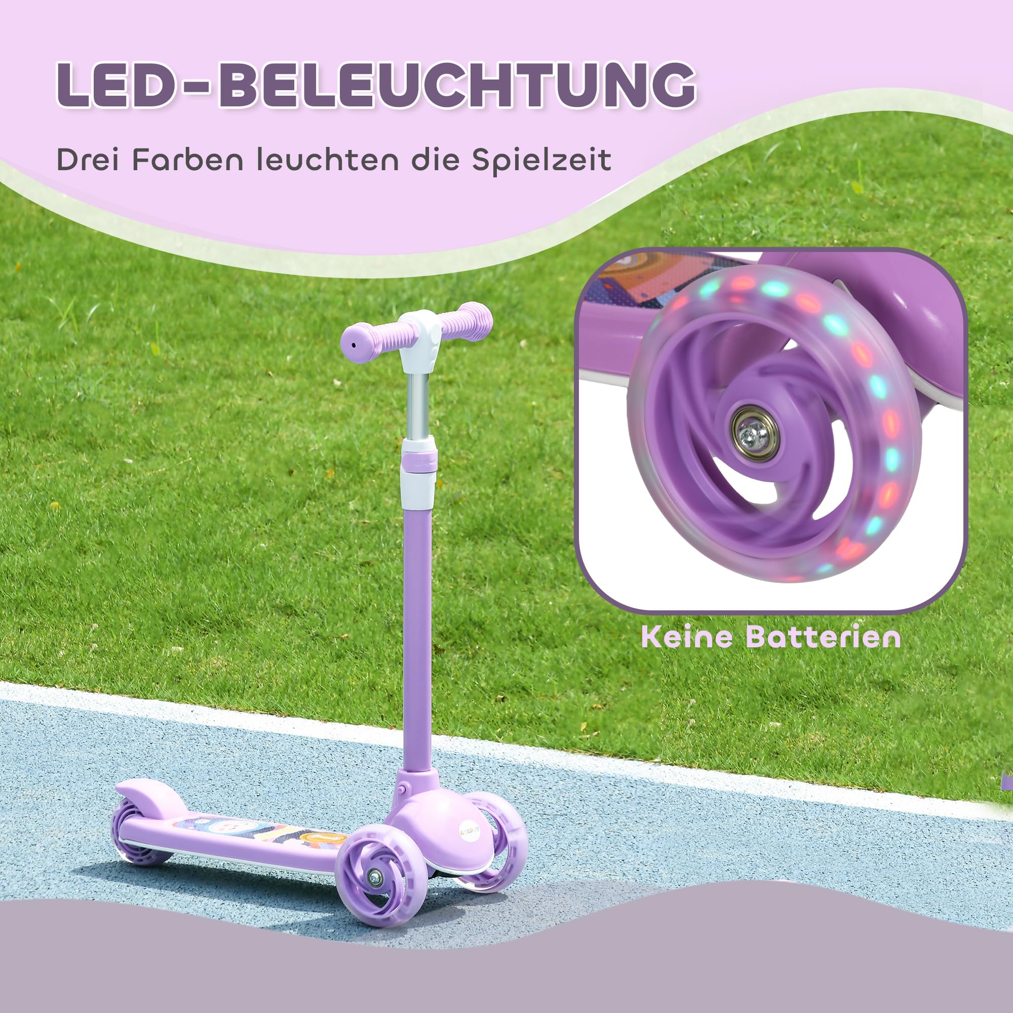AIYAPLAY Patinete Infantil 2-6 años, Altura Ajustable 3 Niveles, Morado