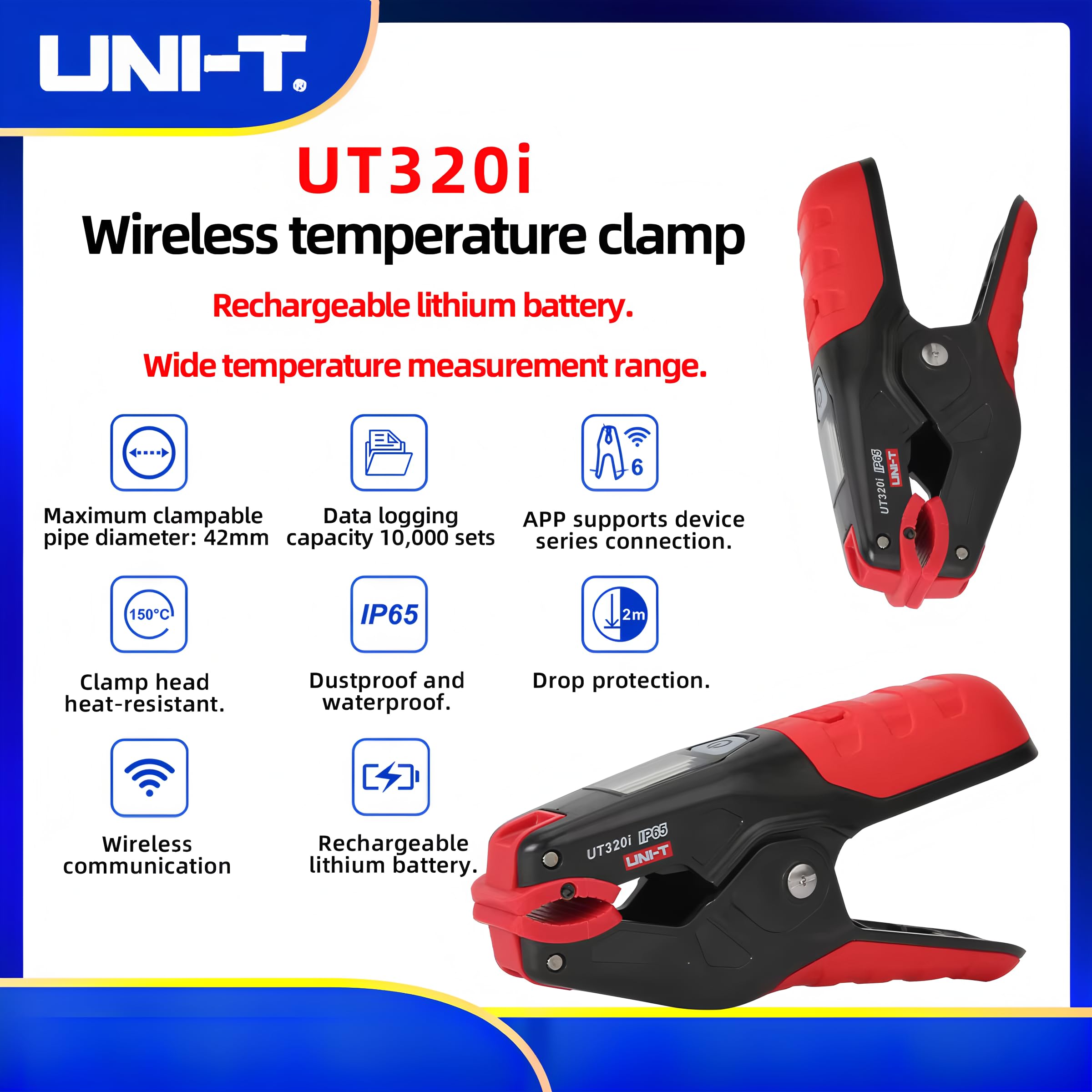 Termometro a pinza senza fili UNI-T UT320i – Termometro ad alta precisione per tubazioni HVAC con connettività APP 100 m e grado di protezione IP65