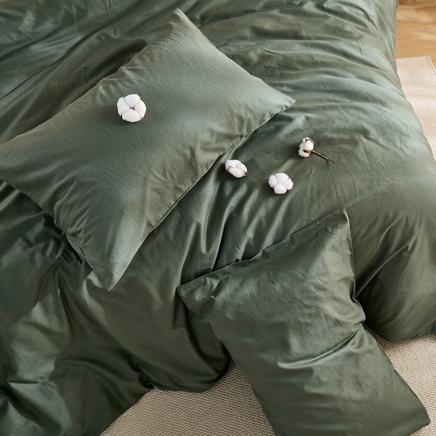 100% Washed Cotton Duvet Cover King Size – Olive Green, Linen-Like Texture, Super Soft & Breathable Bedding Set, 3-Piece Durable Percale Comforter Cover